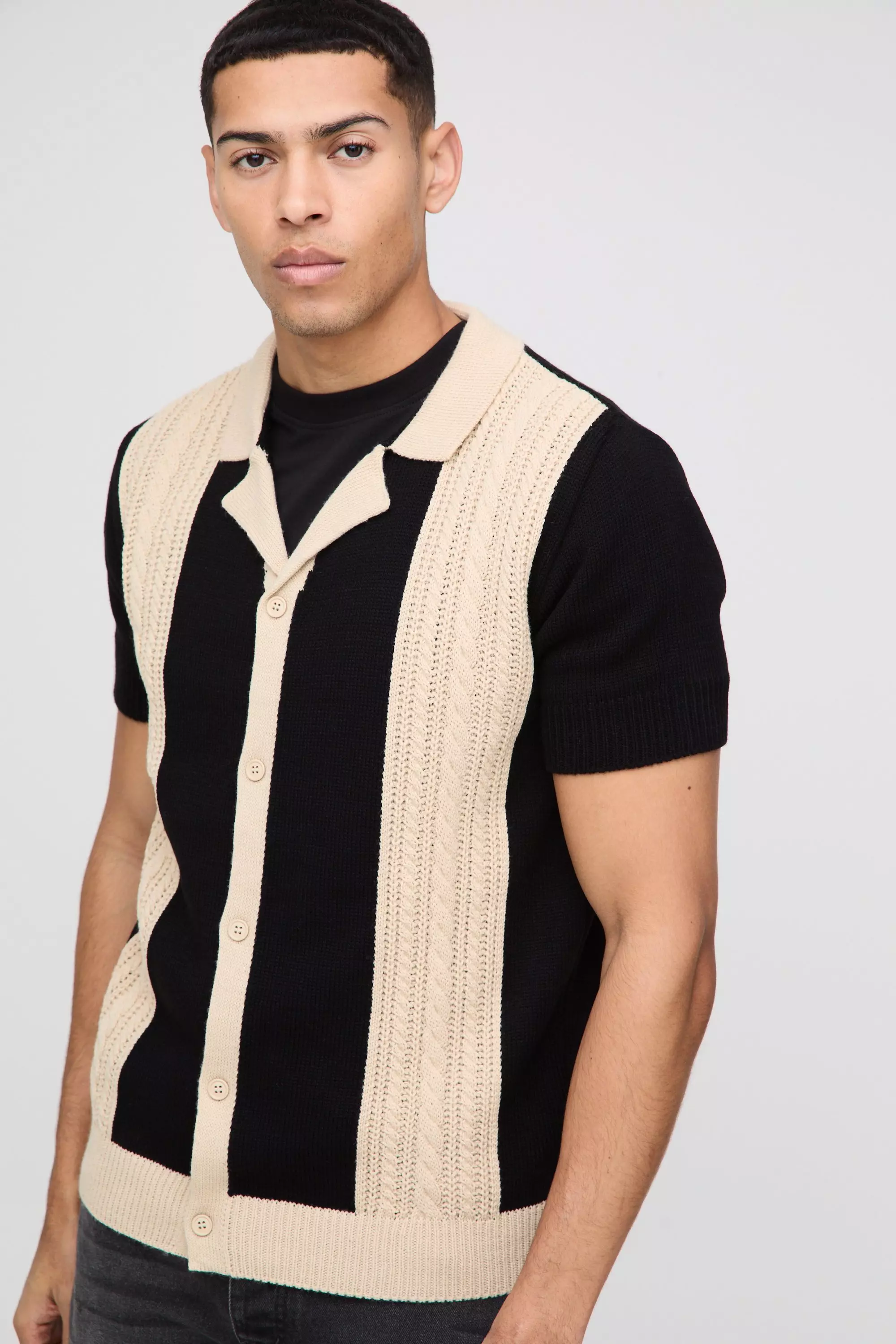 Black Relaxed Open Stitch Panel Stripe Knitted Shirt alternative image