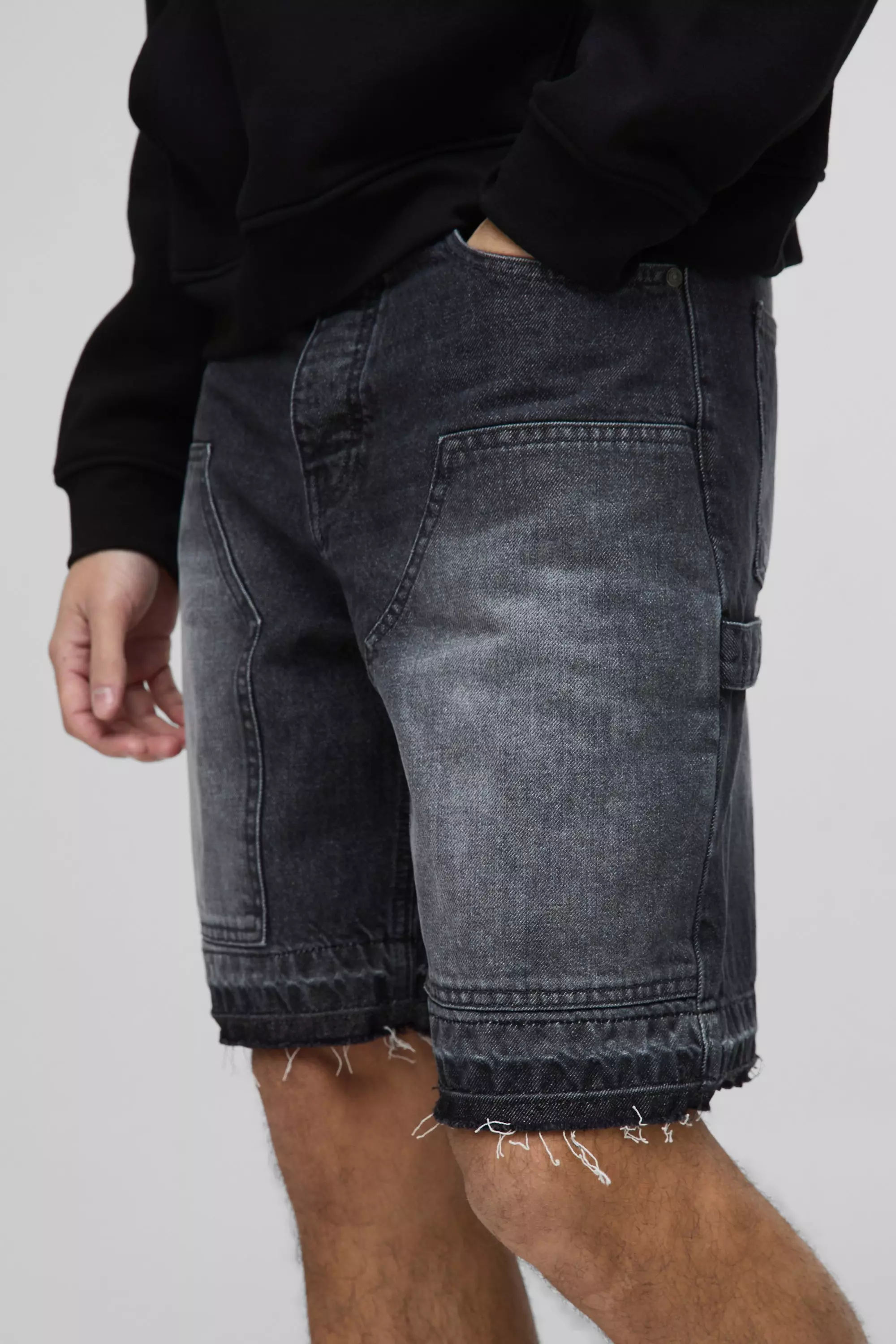 Relaxed Fit Carpenter Antique Grey Denim Shorts | boohooMAN USA