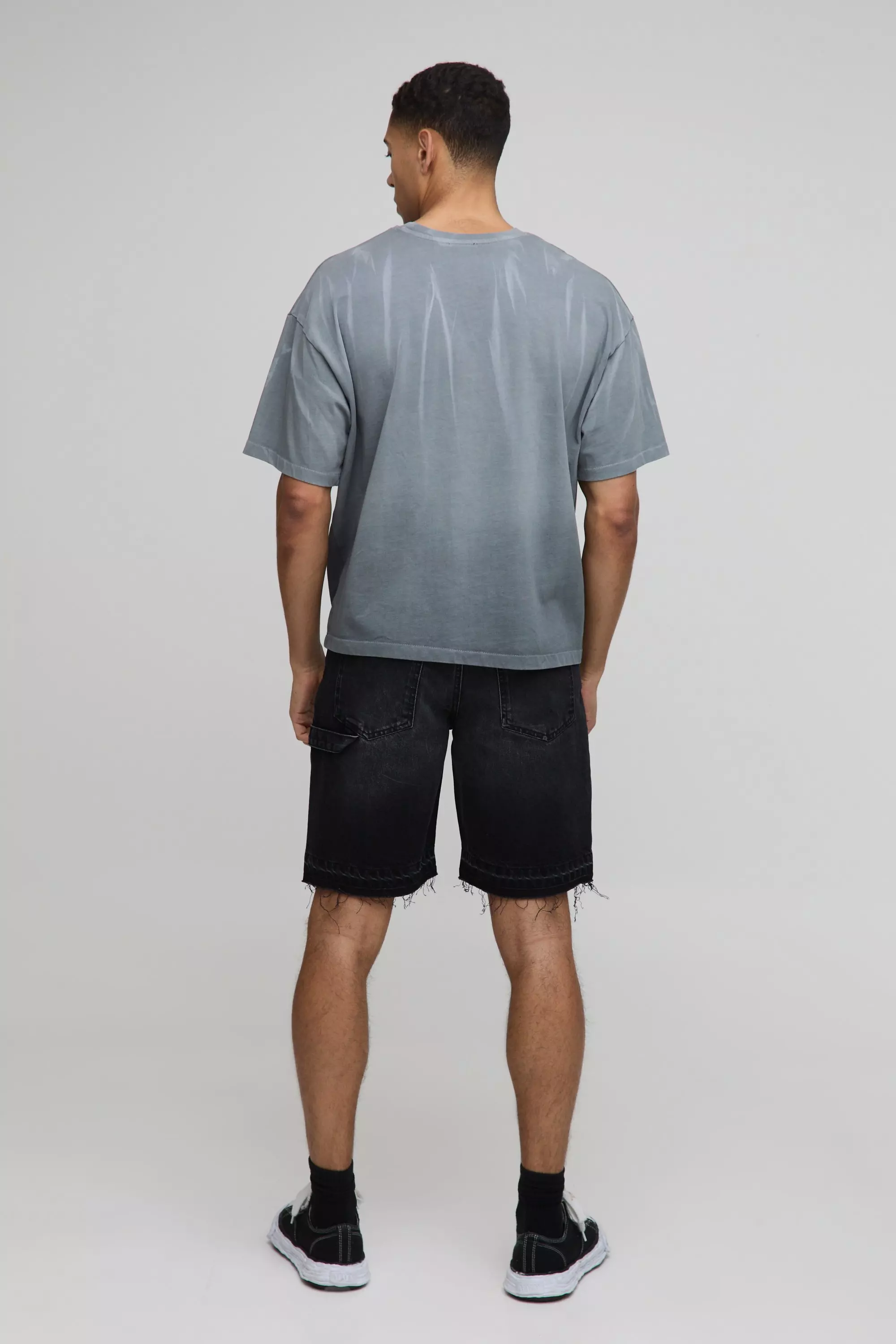 Relaxed Fit Carpenter Washed Black Denim Shorts | boohooMAN USA
