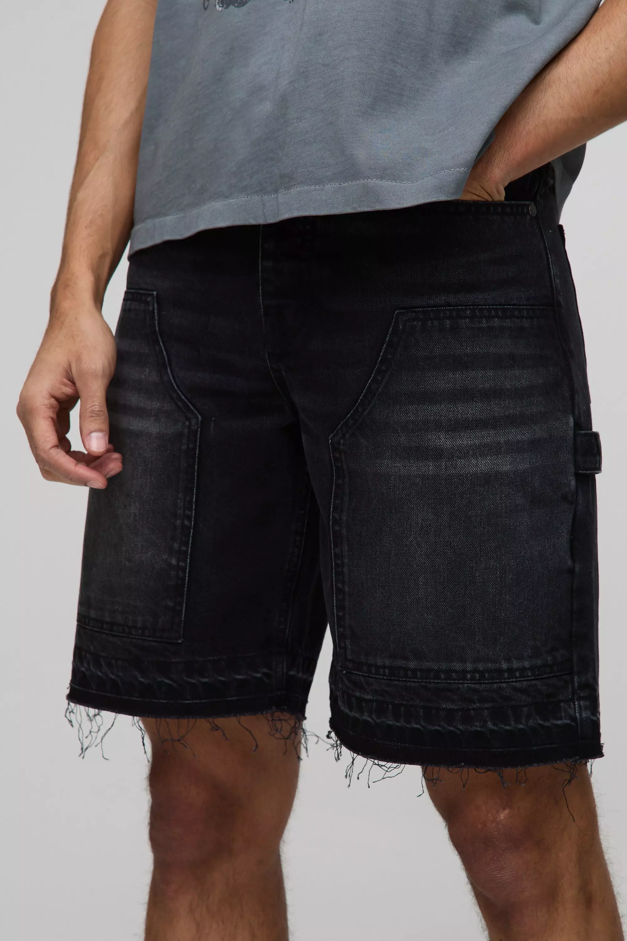 Relaxed Fit Carpenter Washed Black Denim Shorts | boohooMAN USA