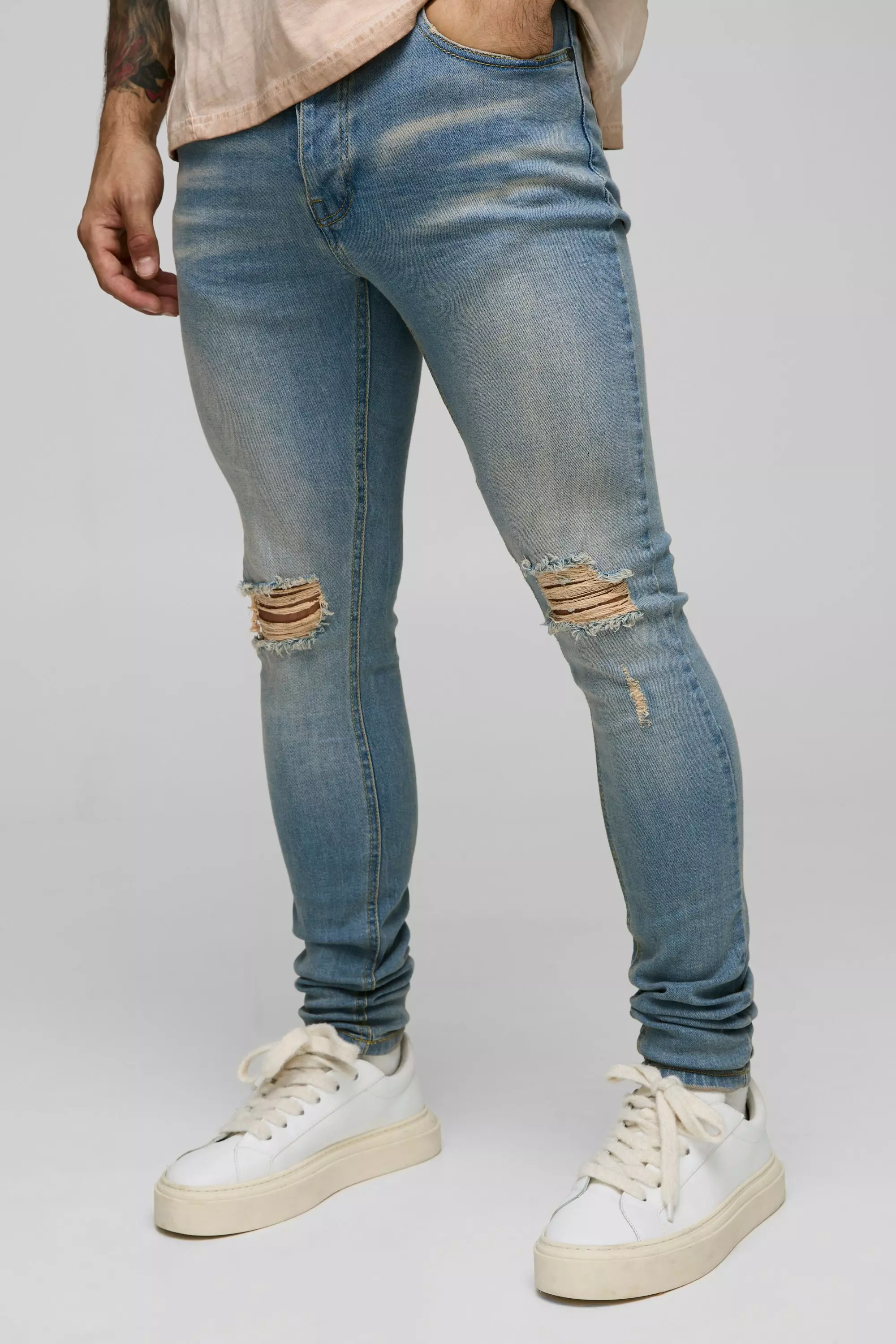 Super Skinny Washed Ripped Knee Jeans | boohooMAN USA