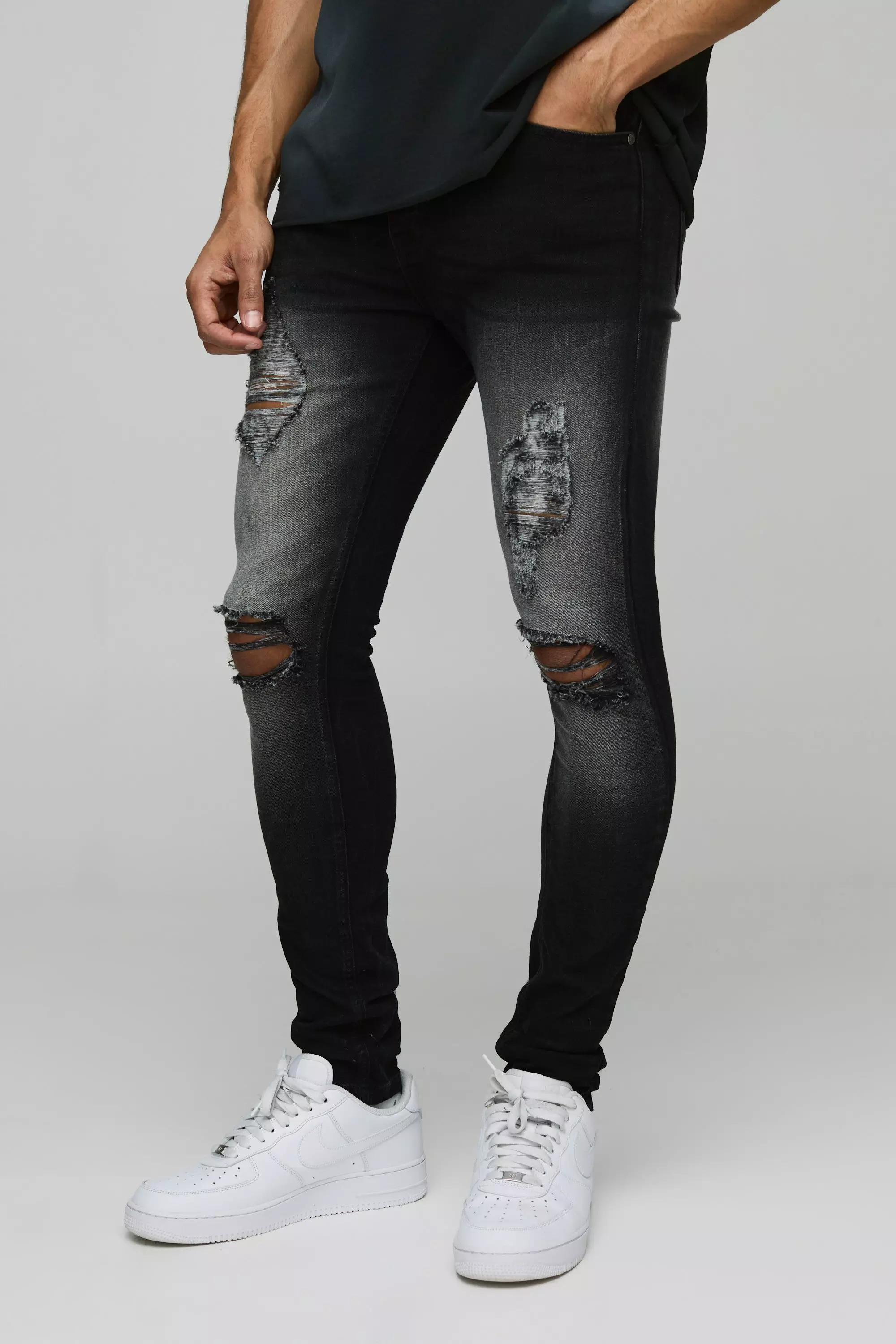 Super Skinny Washed Black Ripped Jeans | boohooMAN USA