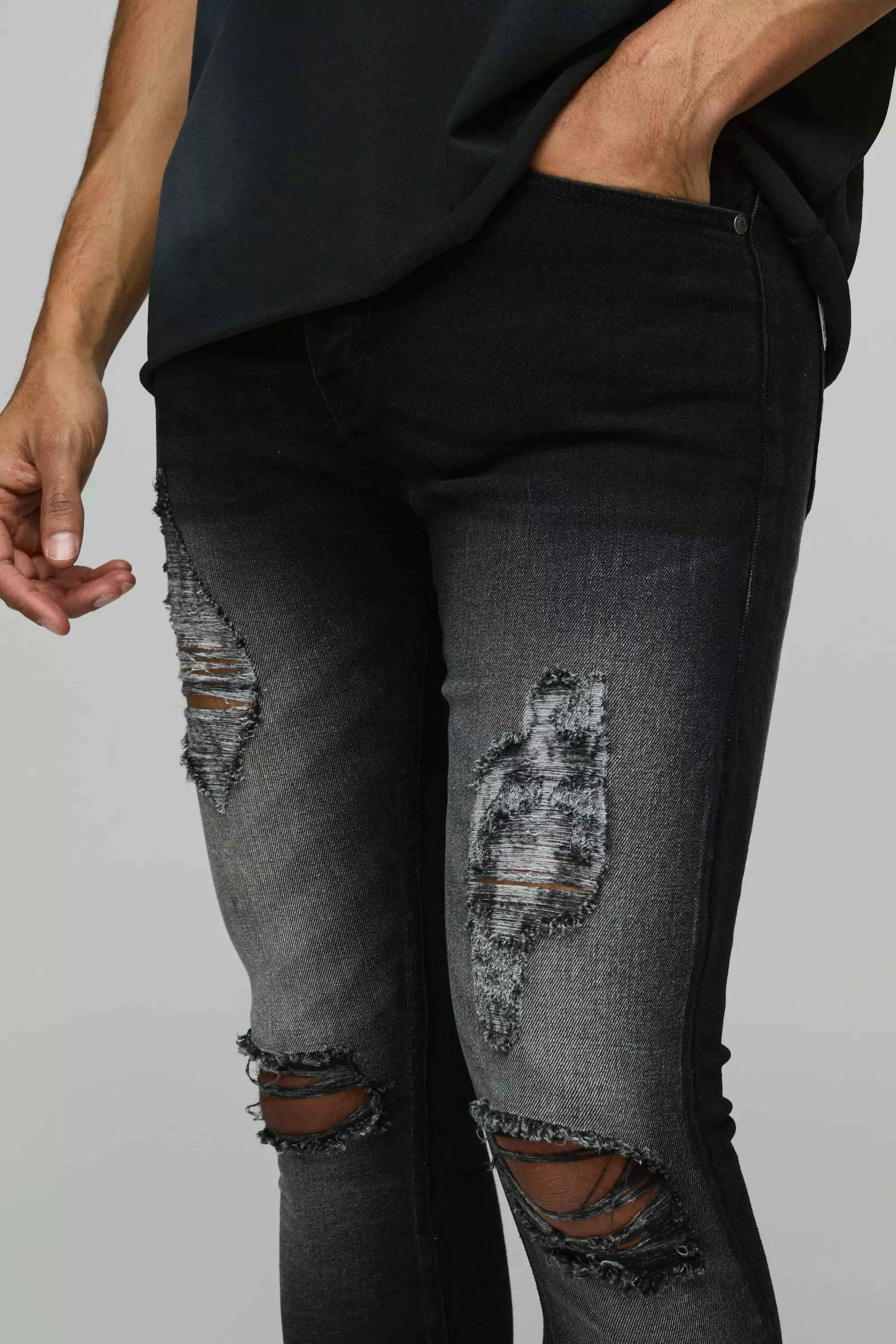 Super Skinny Washed Black Ripped Jeans | boohooMAN USA