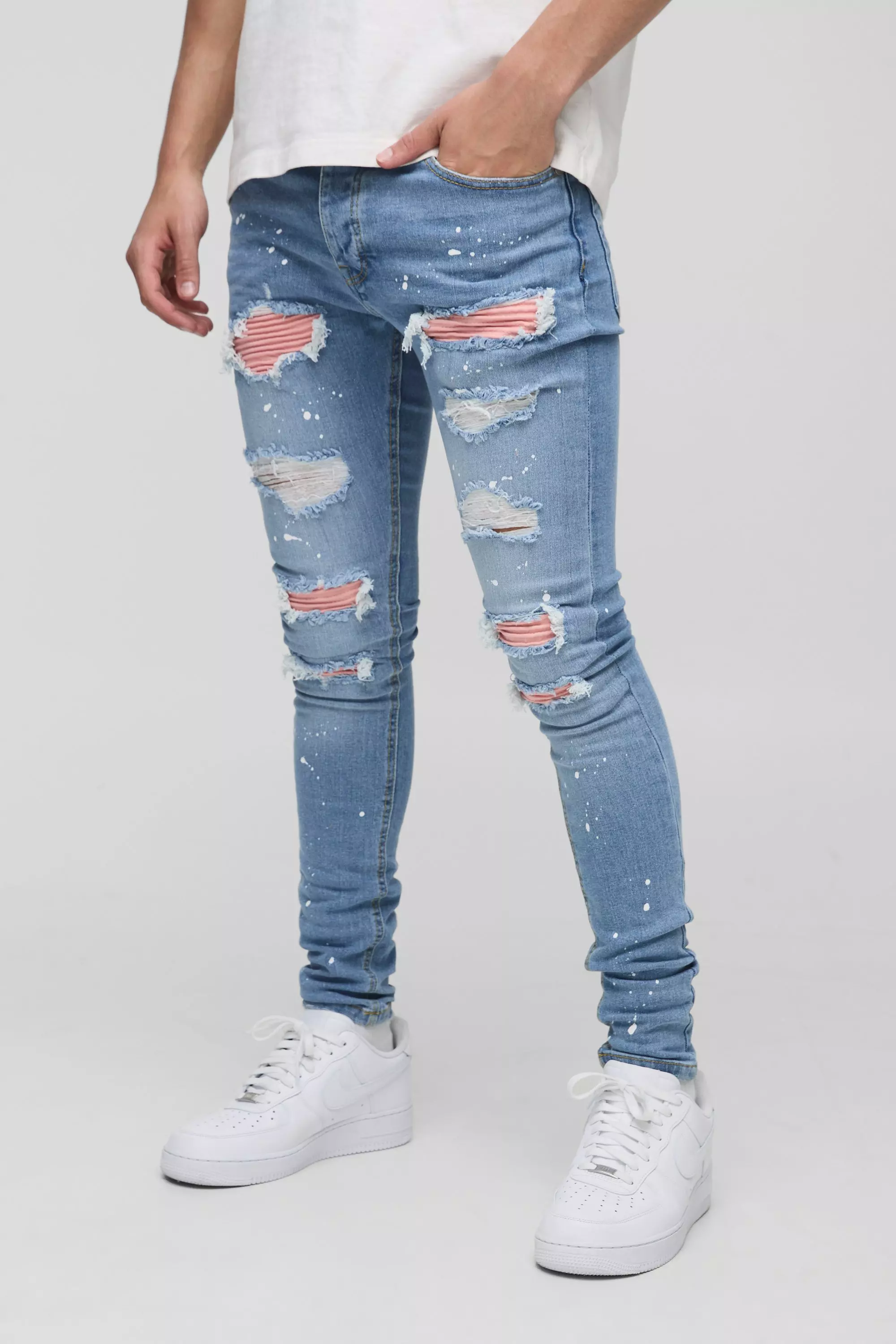 Skinny Stretch Ripped Jeans In Ice Grey Wash | boohooMAN USA