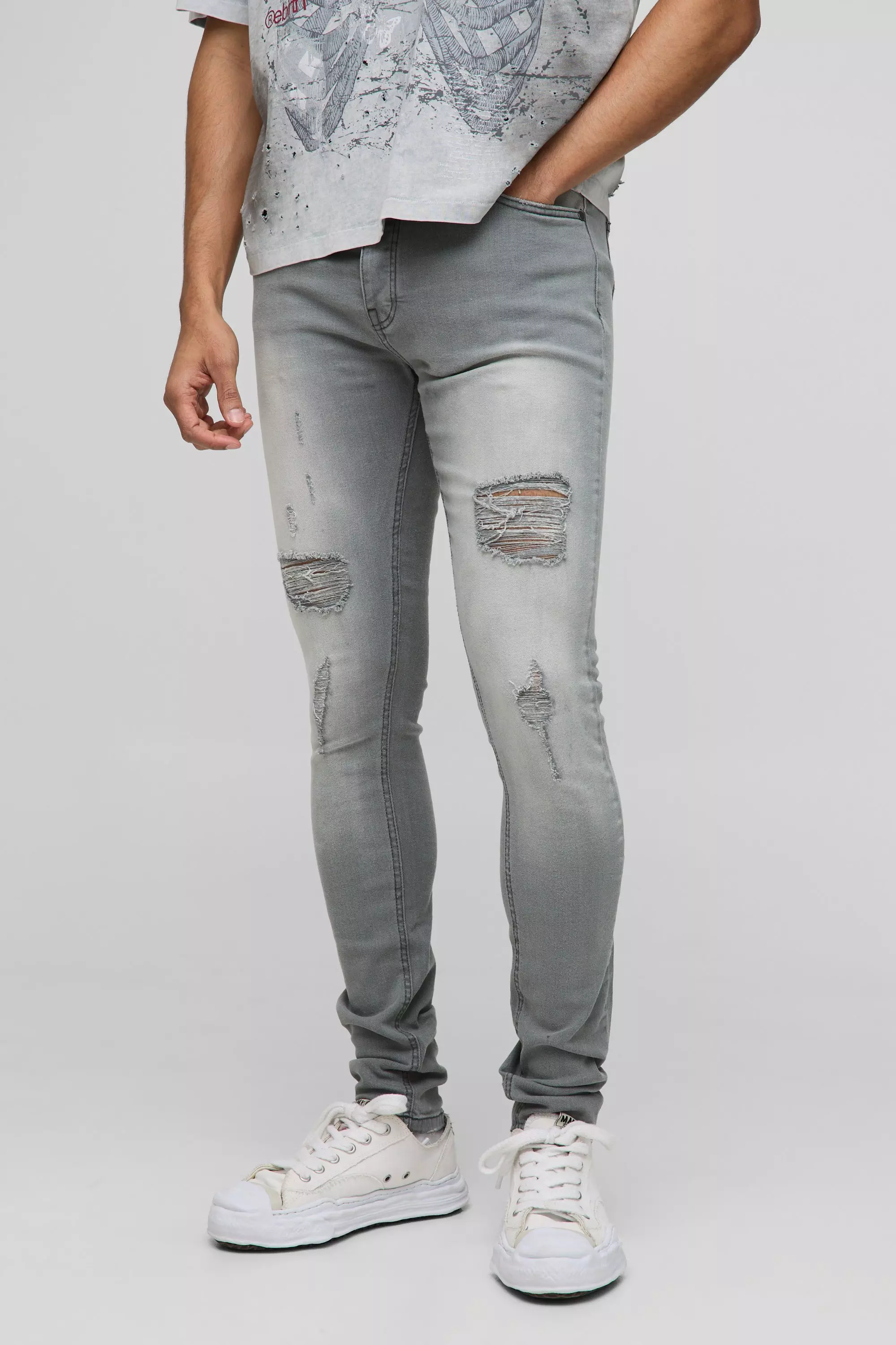 Light grey Skinny Stretch Stacked All Over Ripped Jeans alternative image