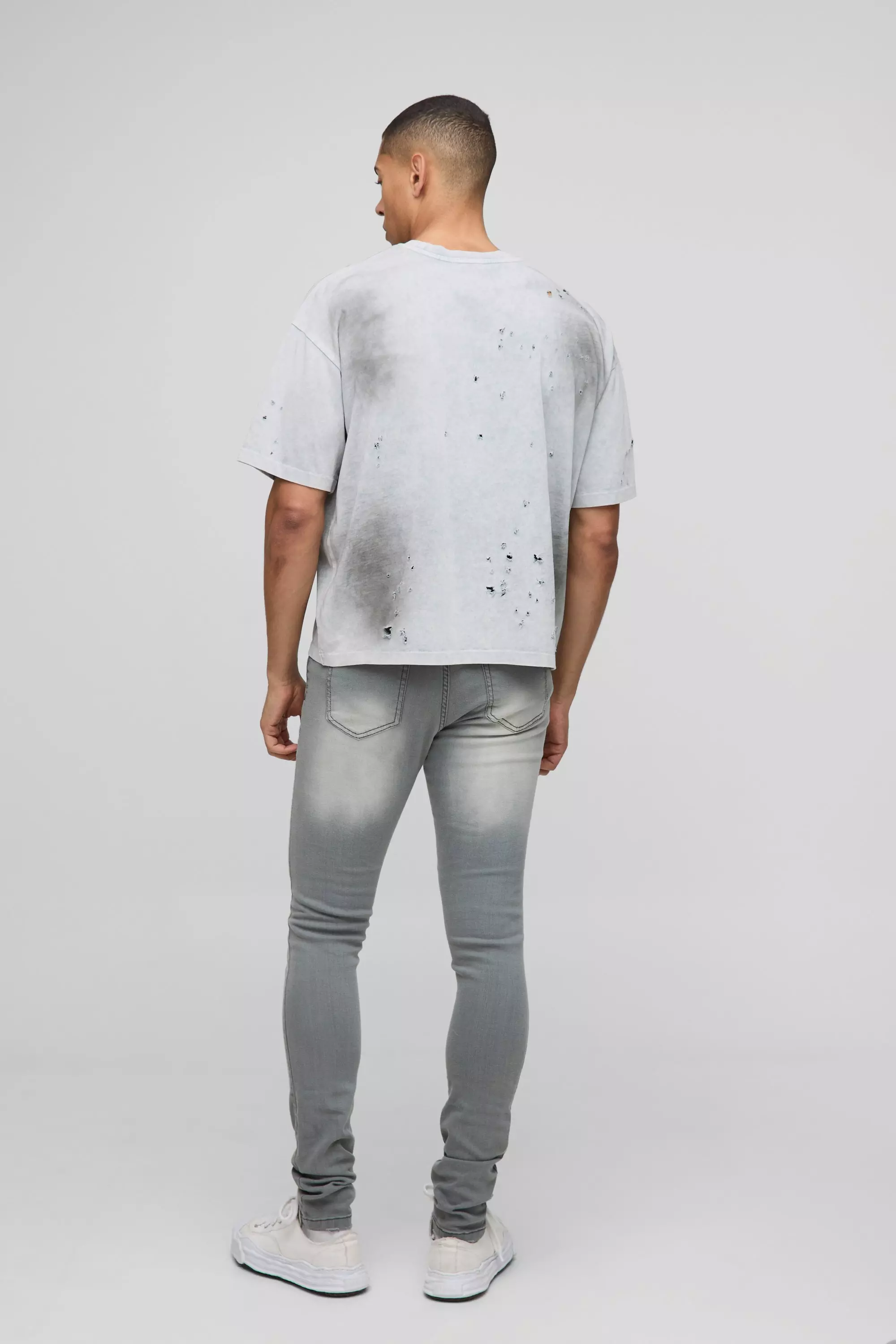 Light grey Skinny Stretch Stacked All Over Ripped Jeans alternative image