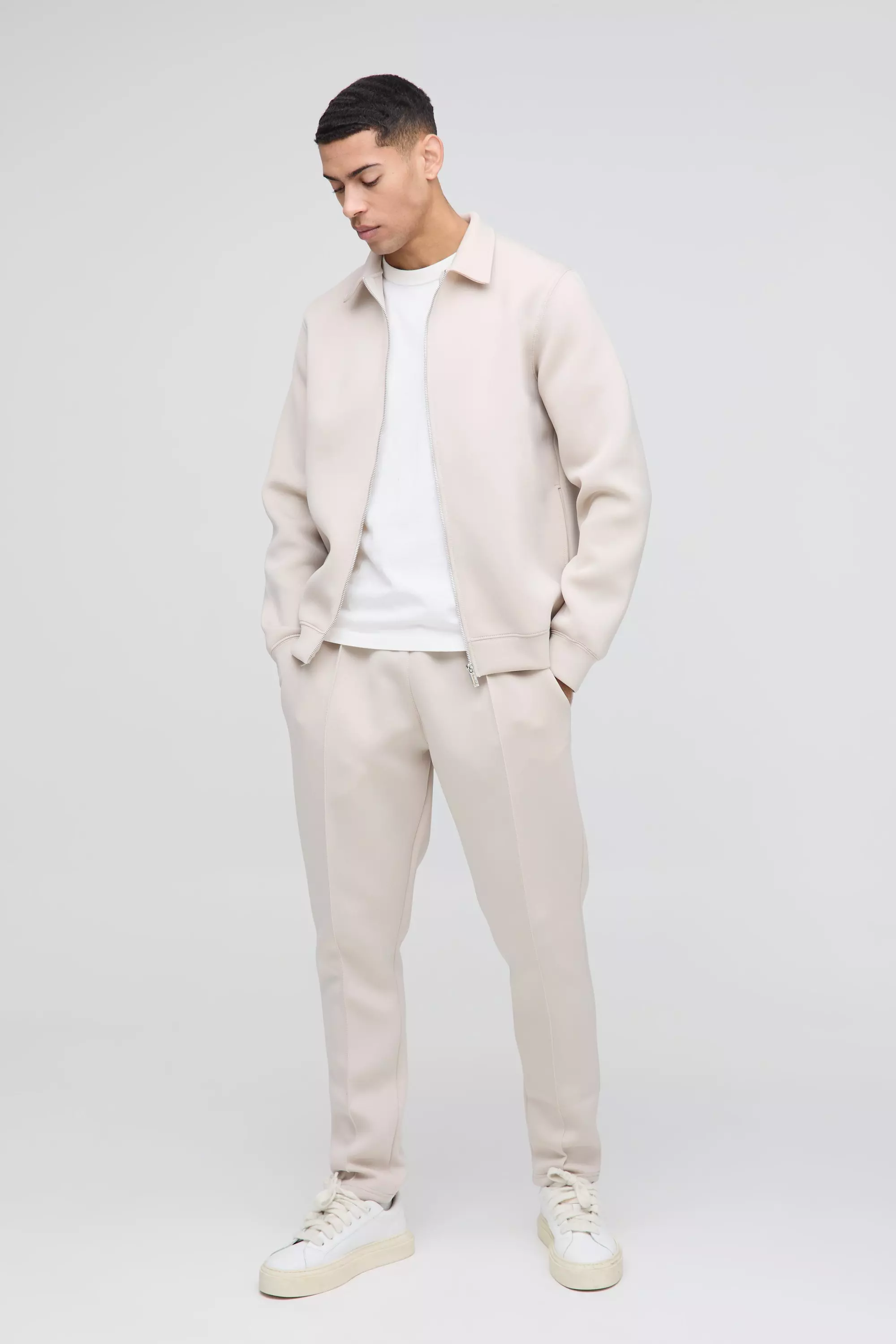 Stone Beige Bonded Scuba Harrington Jacket & Jogger Set