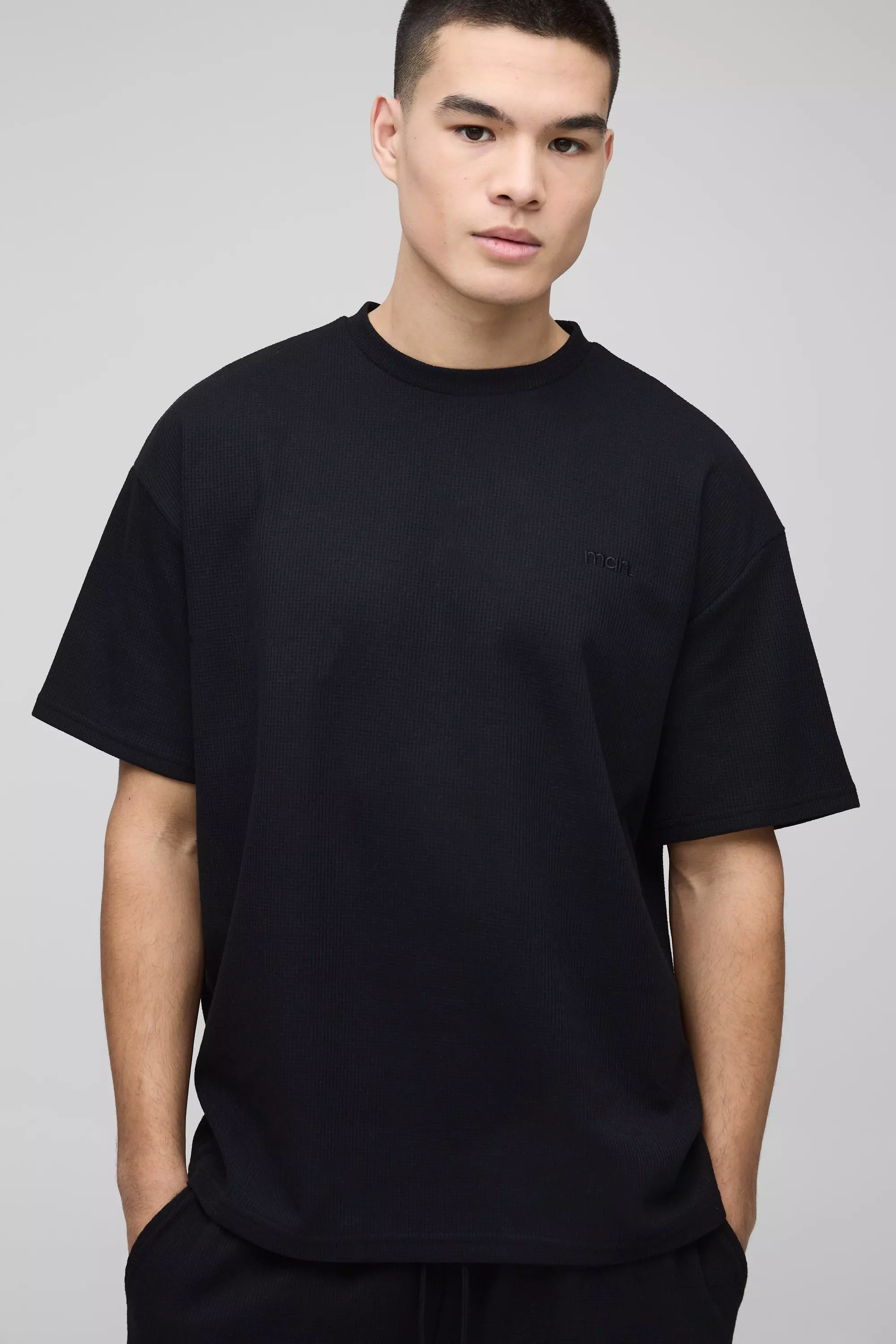 Black Oversized Man Embroidered Waffle T-Shirt