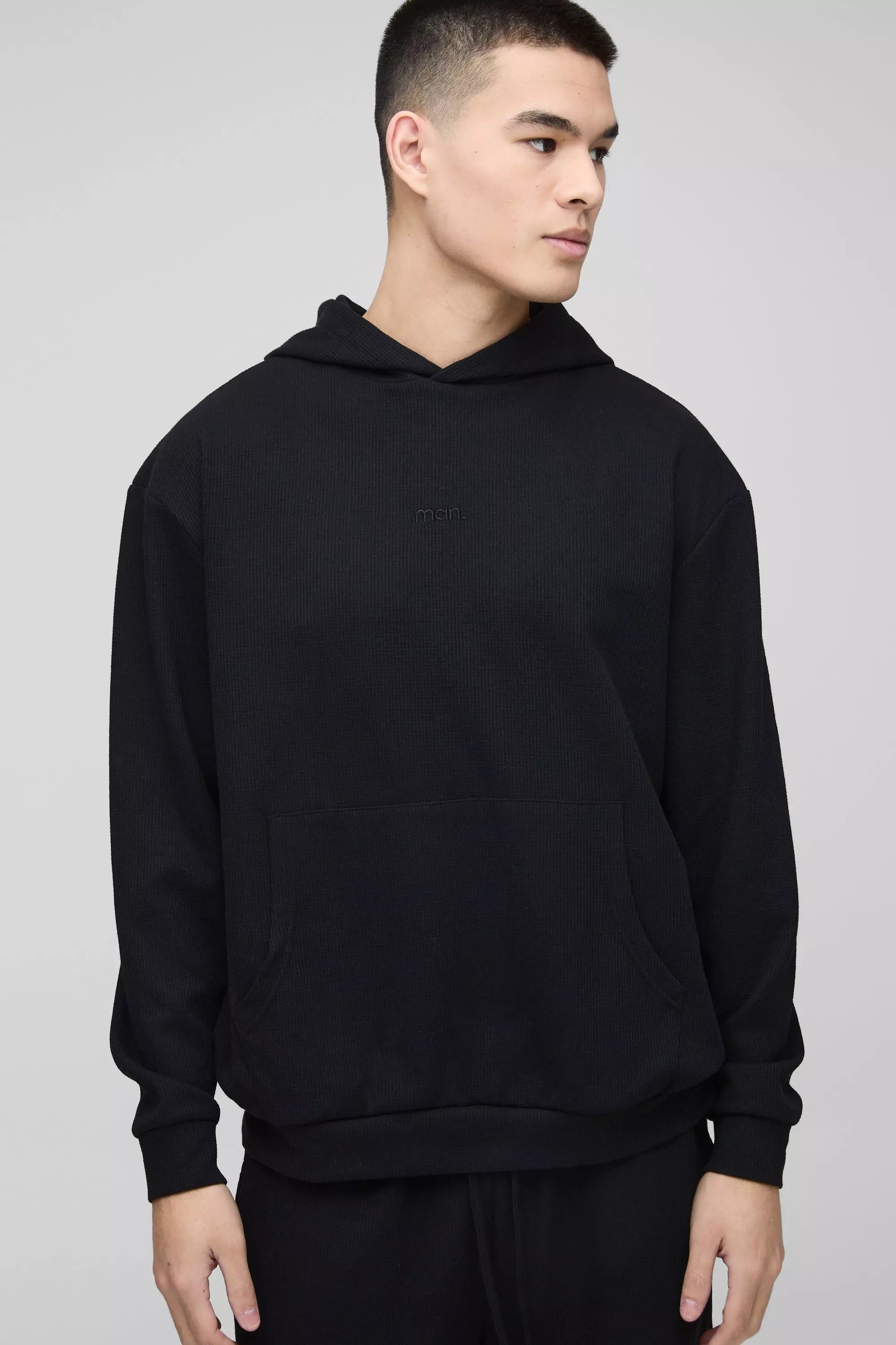 Black Oversized Man Embroidered Waffle Hoodie alternative image