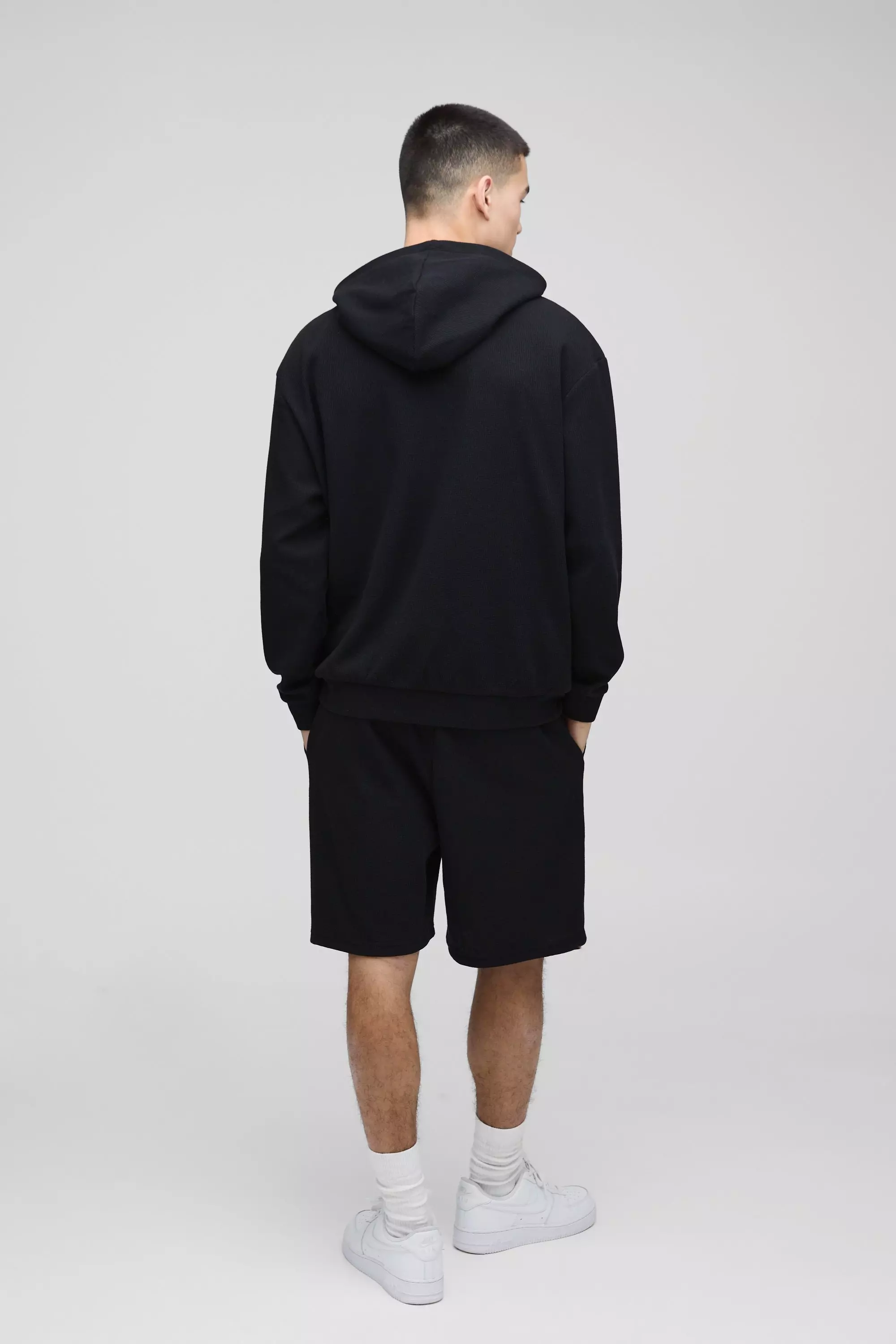 Black Oversized Man Embroidered Waffle Hoodie alternative image