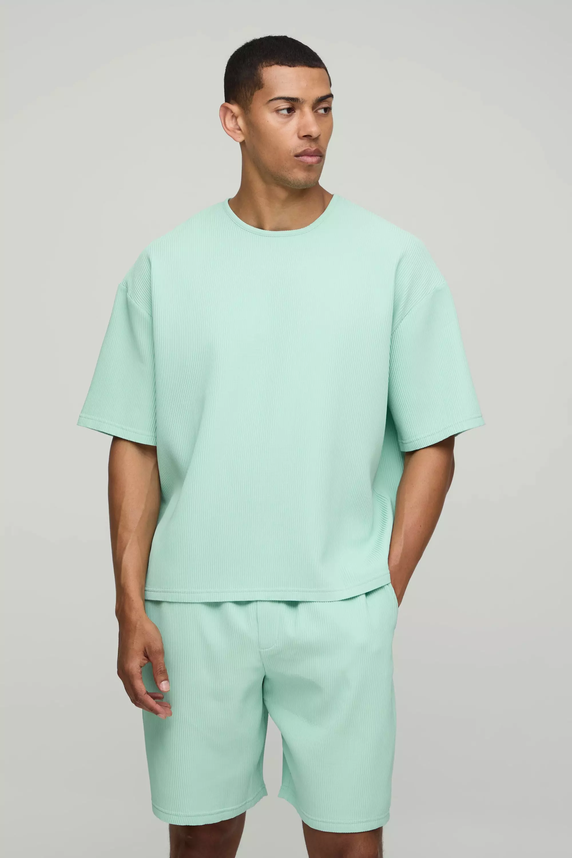 Oversized Boxy Pleated T-Shirt and Relaxed Fit Mid-Length Short Set Sage