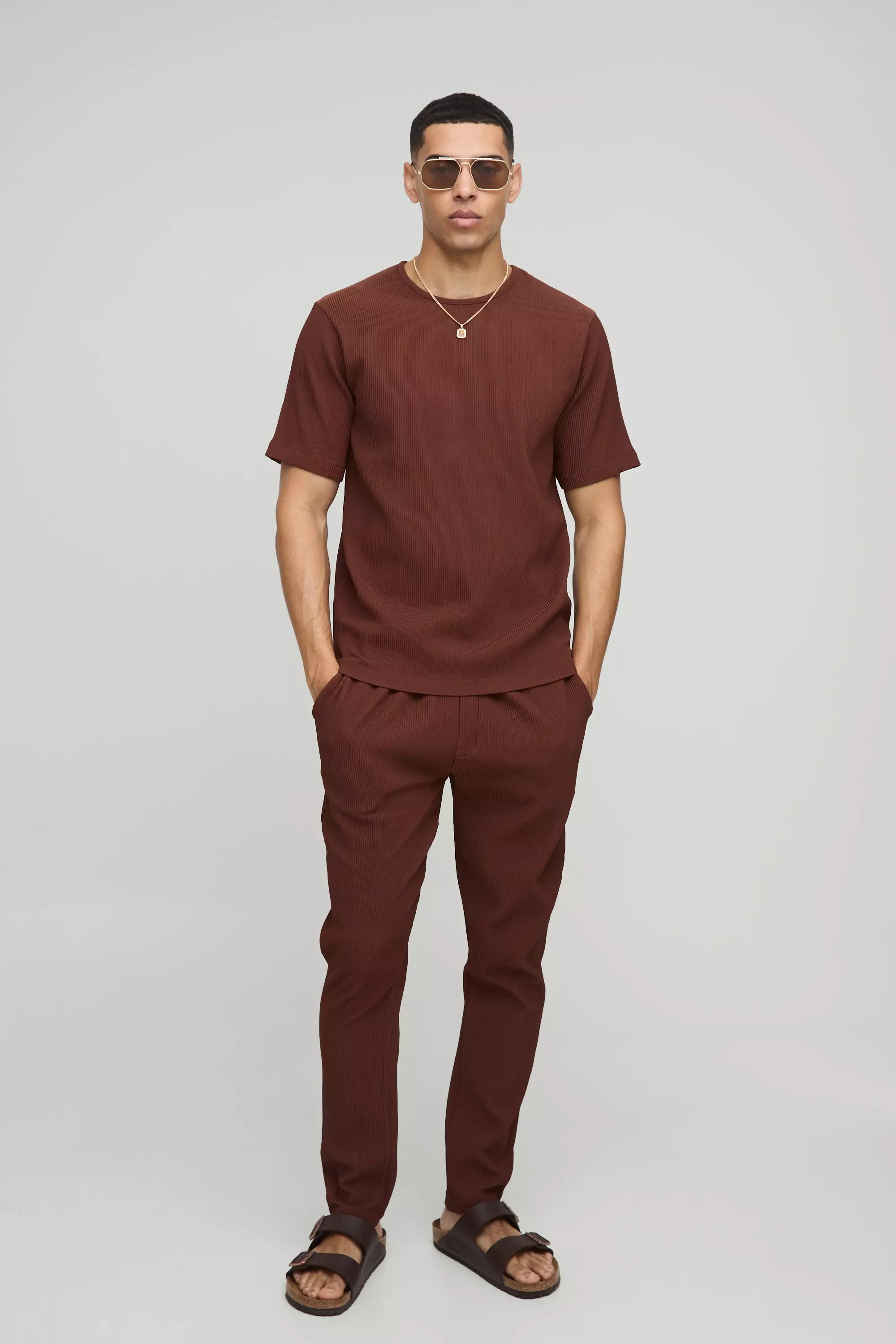 Pleated T-Shirt and Slim Tapered Sweatpants Set | boohooMAN USA
