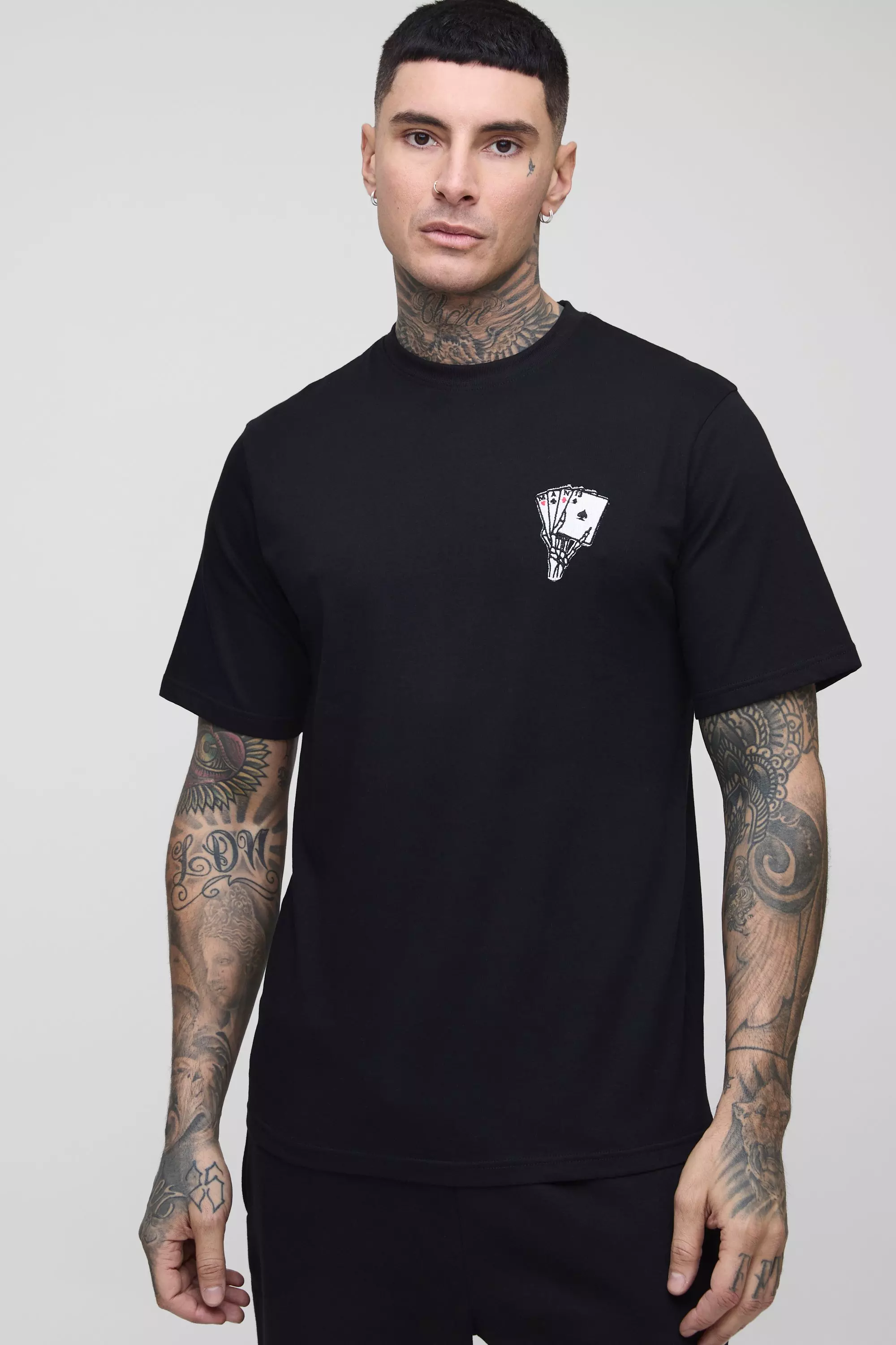 Black Tall Skeleton Hand Embroidered T-Shirt alternative image