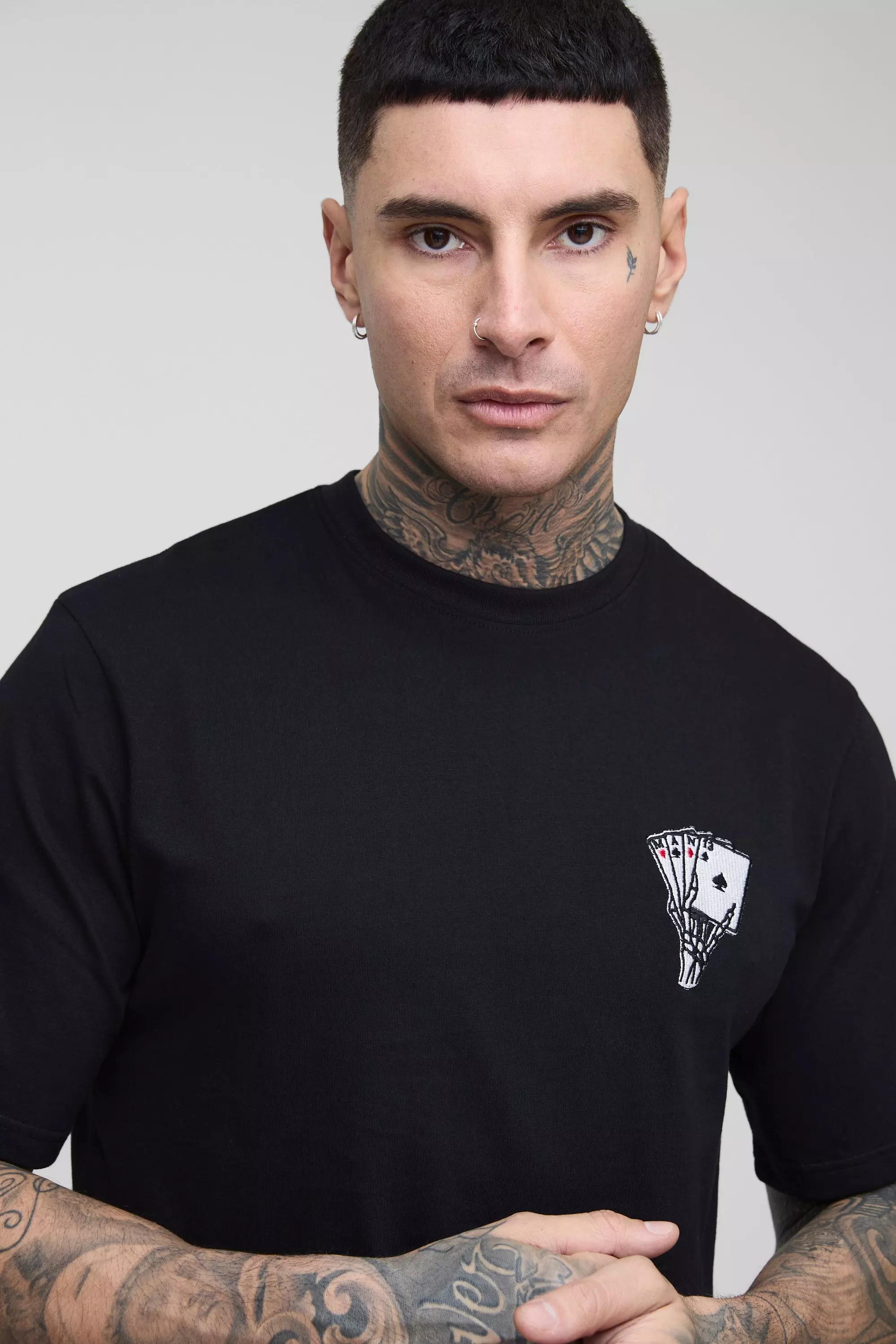 Black Tall Skeleton Hand Embroidered T-Shirt alternative image
