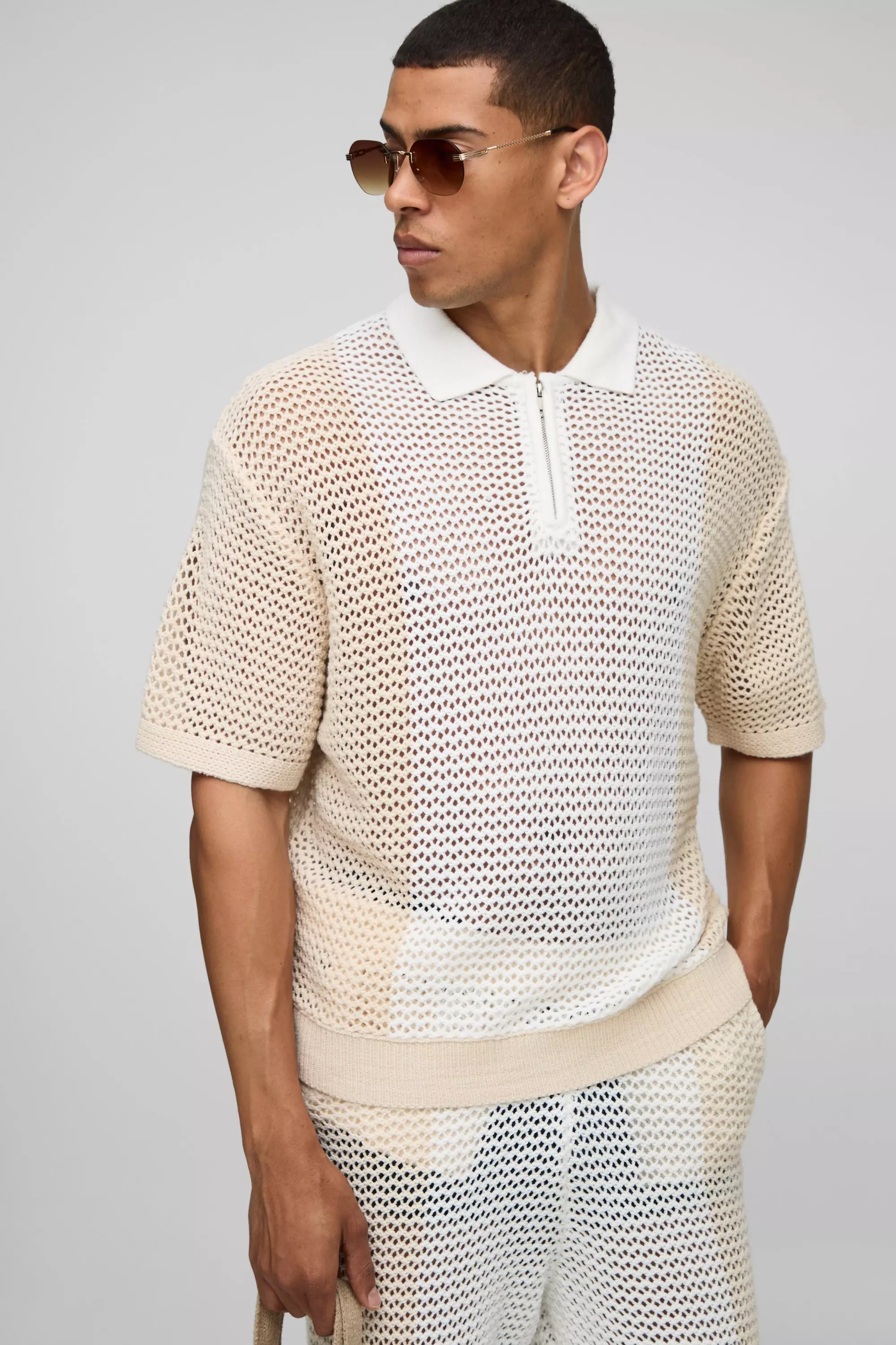 Boxy Fit Colour Block Open Stitch Zip Neck Knitted Polo Stone