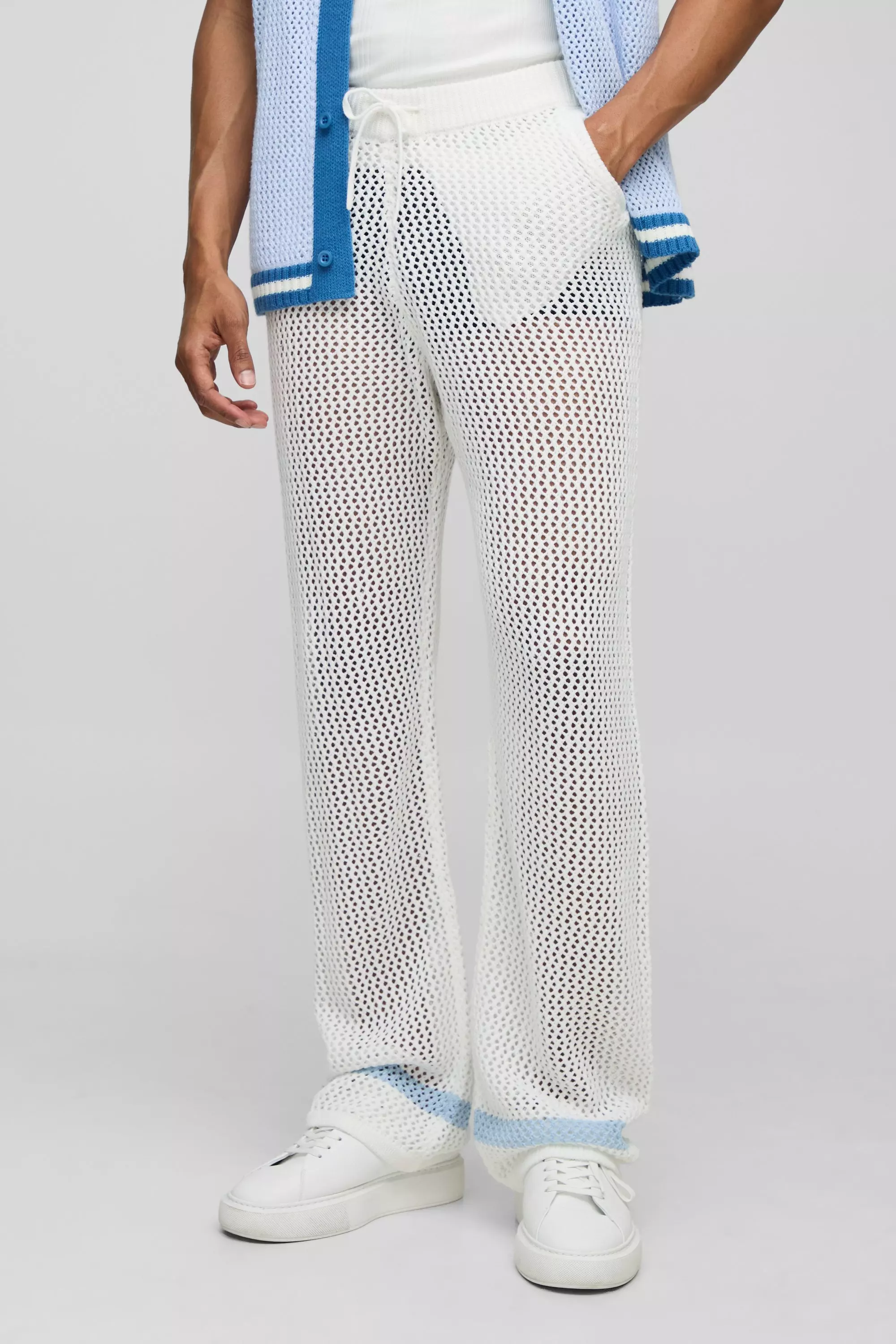 White Relaxed Fit Open Stitch Stripe Detail Knitted Sweatpants