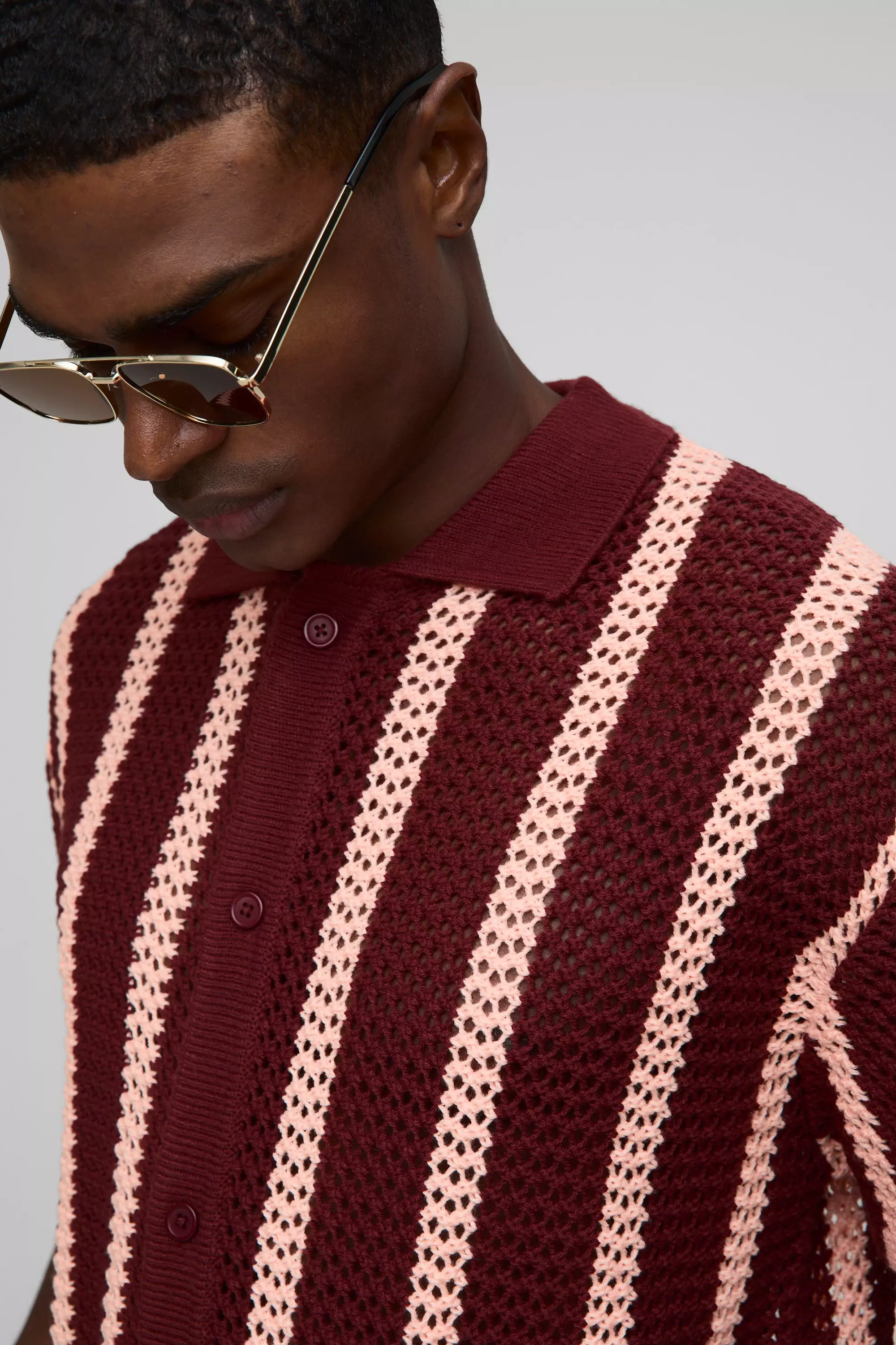 Oversized Open Stitch Stripe Knitted Shirt Burgundy