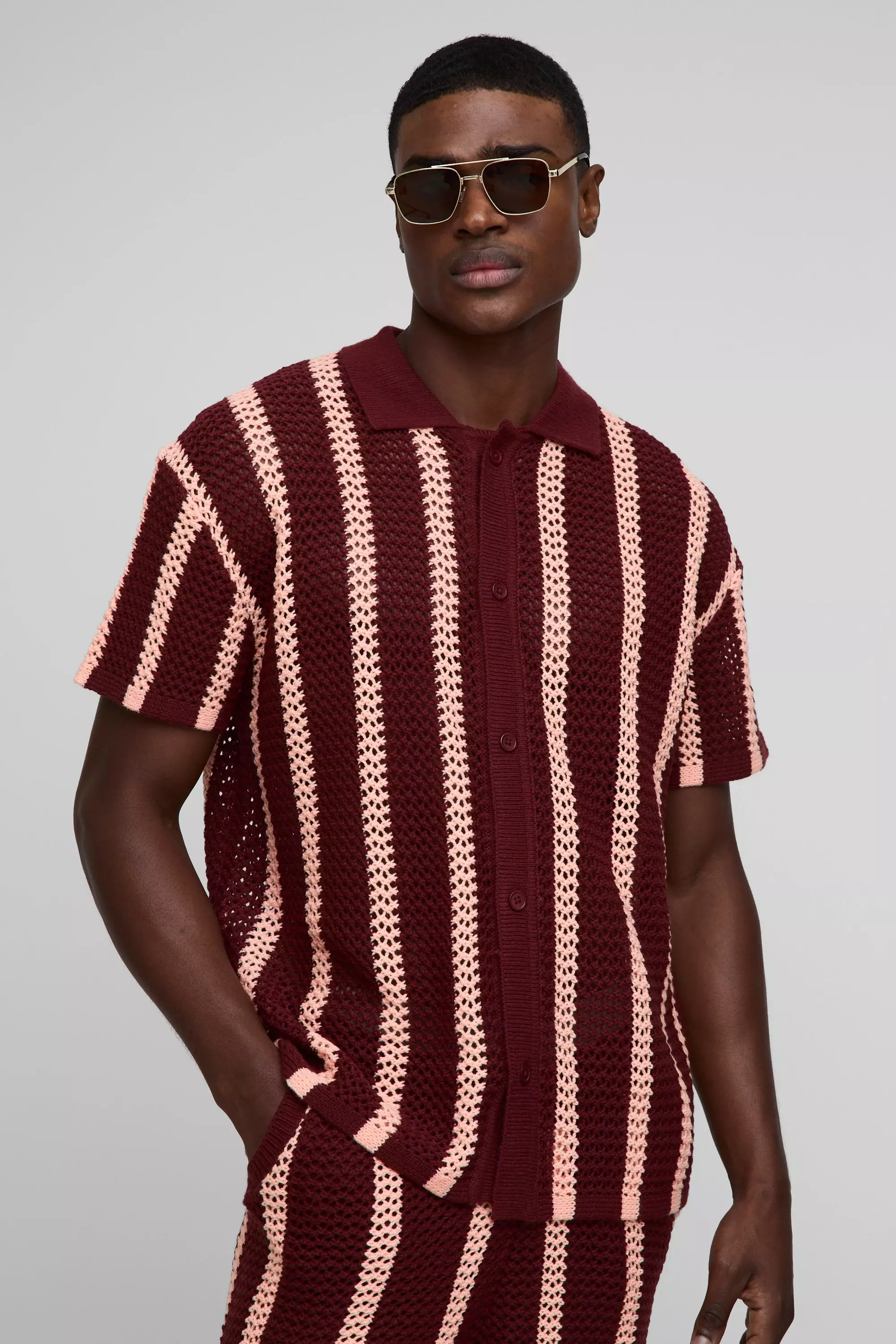 Oversized Open Stitch Stripe Knitted Shirt | boohooMAN USA