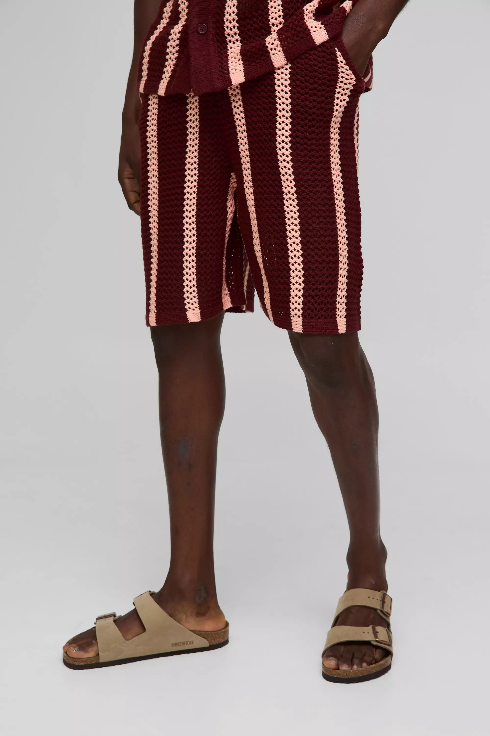 Relaxed Fit Longline Open Stitch Stripe Knitted Shorts Burgundy