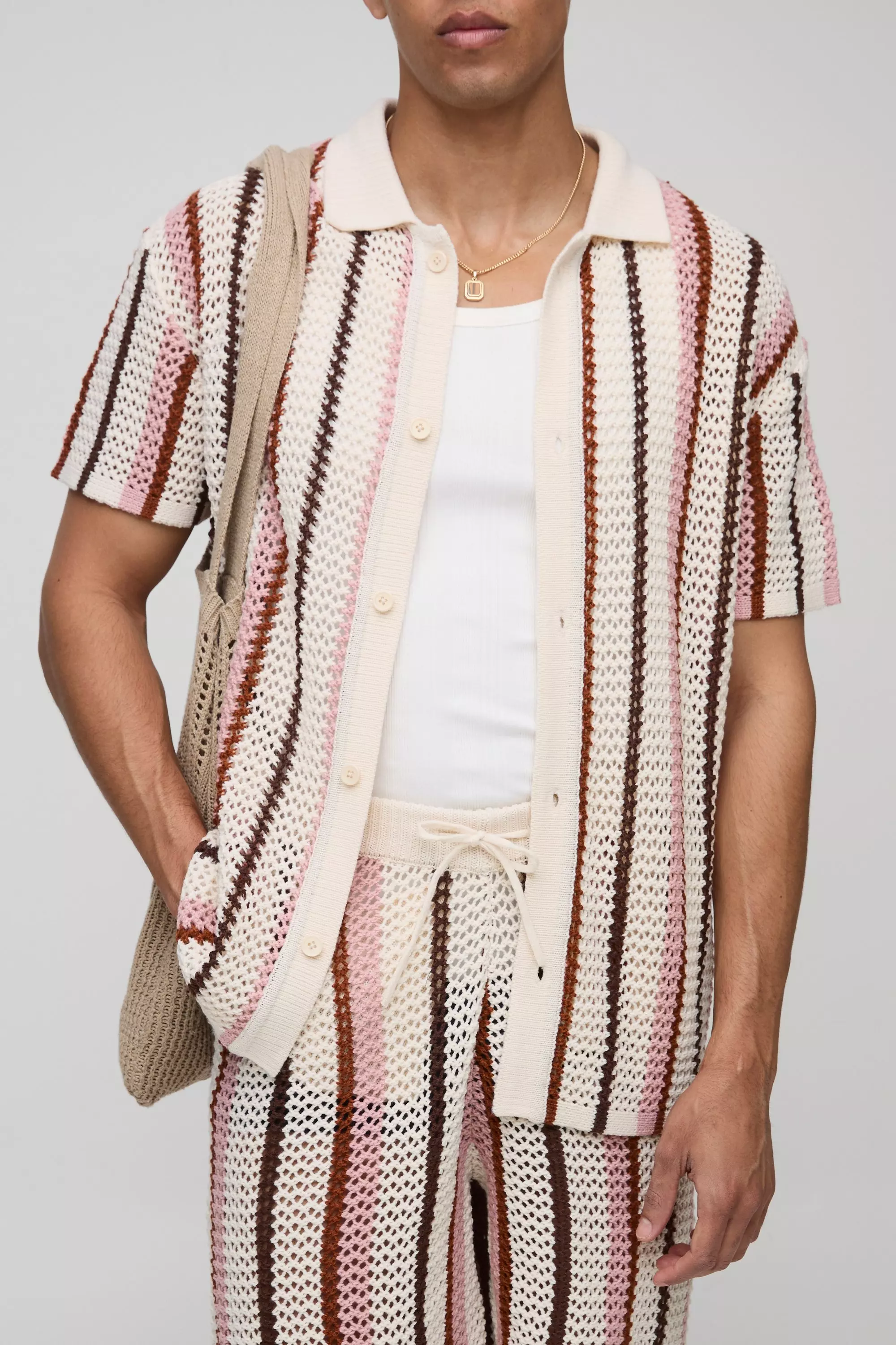 Ecru Boxy Fit Open Stitch Stripe Knitted Shirt alternative image