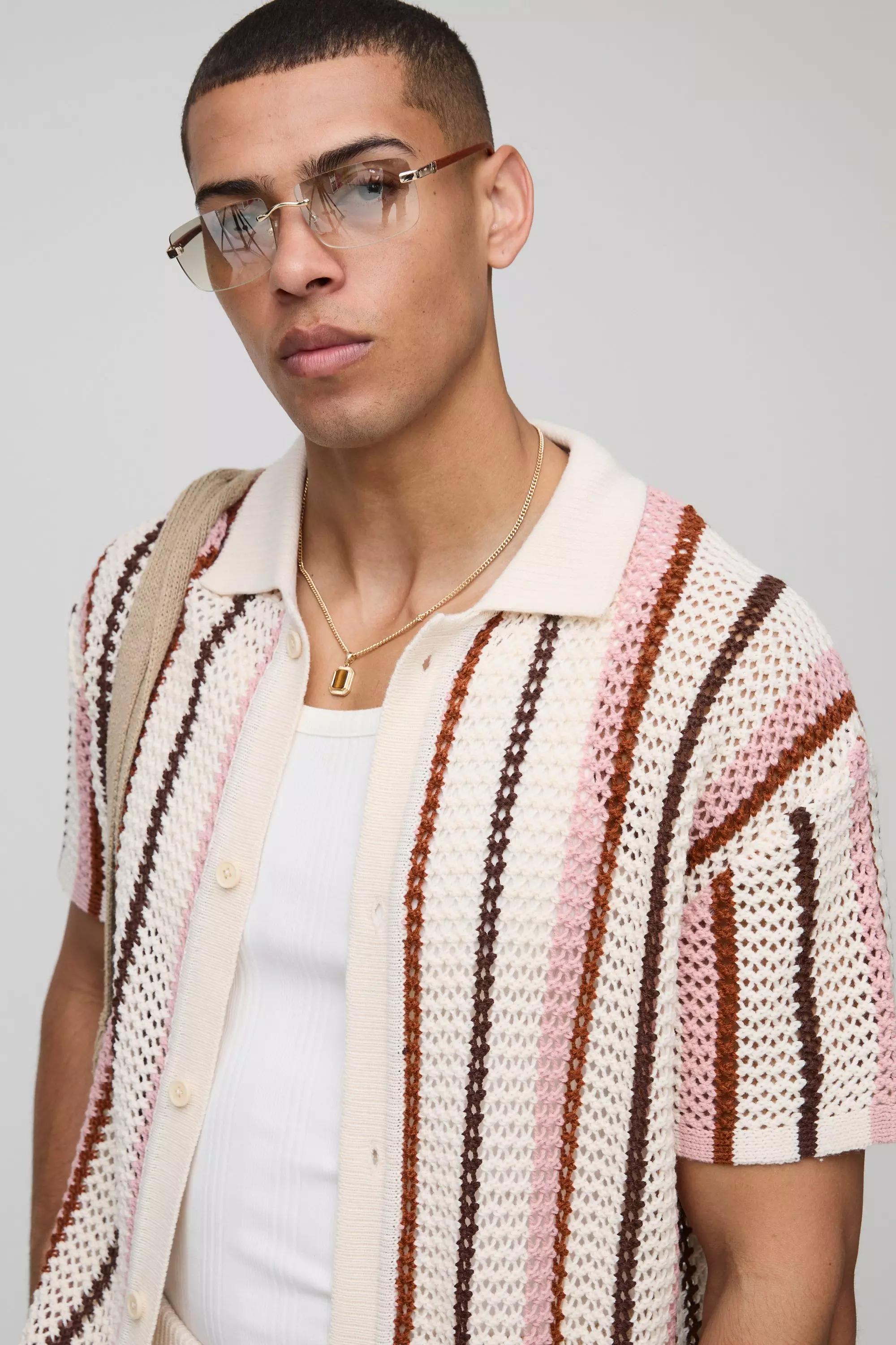 Ecru Boxy Fit Open Stitch Stripe Knitted Shirt alternative image