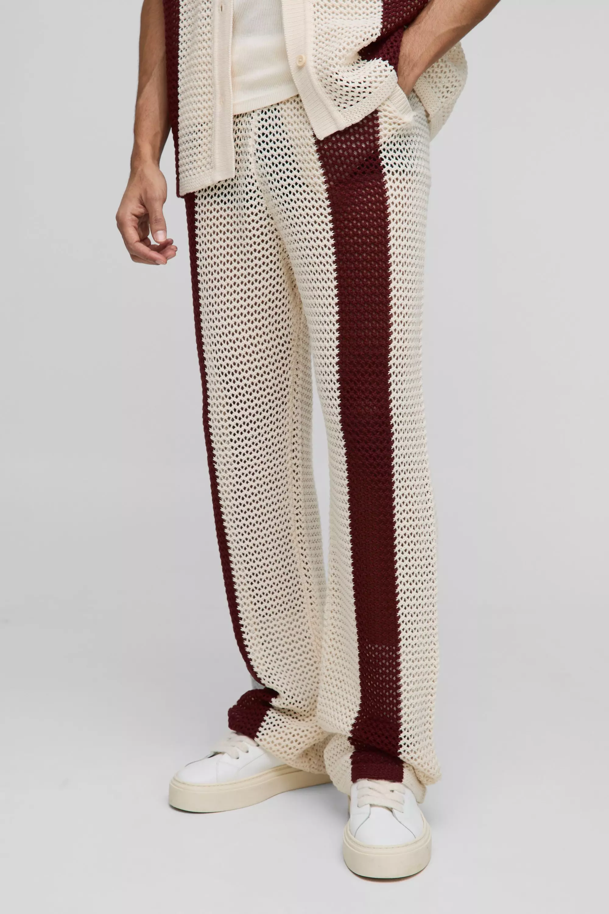 Relaxed Fit Split Hem Open Stitch Stripe Knitted Sweatpants Burgundy