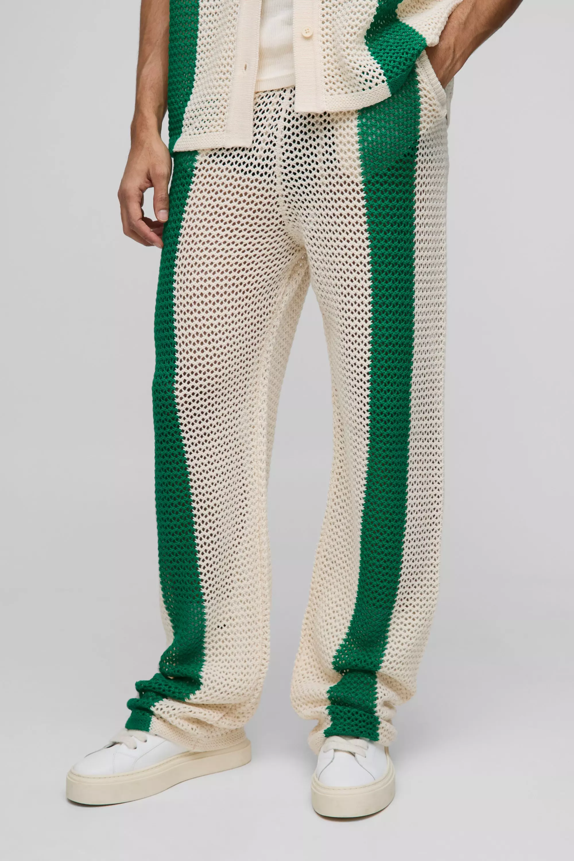 Green Relaxed Fit Split Hem Open Stitch Stripe Knitted Sweatpants