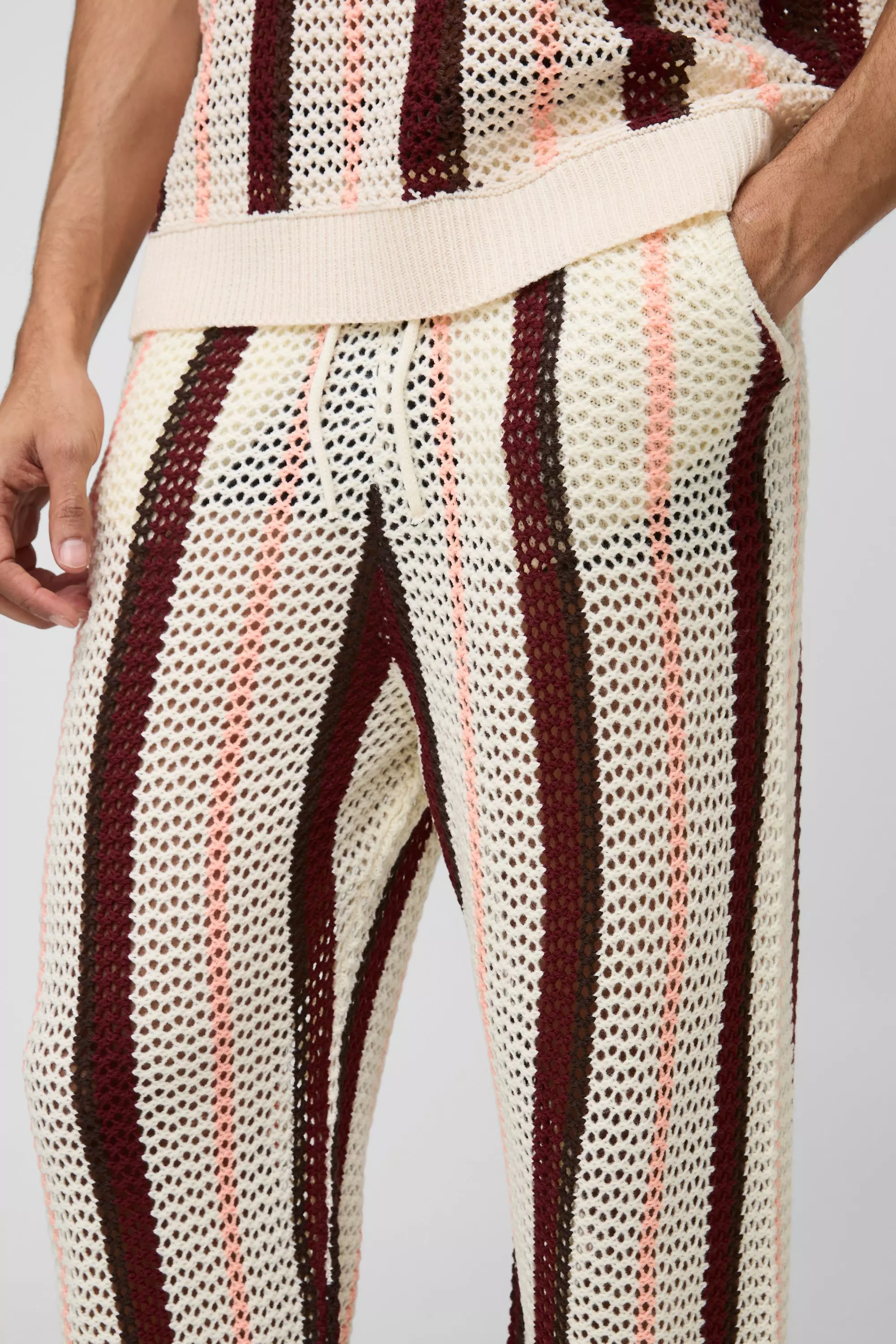 Ecru Relaxed Fit Open Stitch Stripe Knitted Pants alternative image
