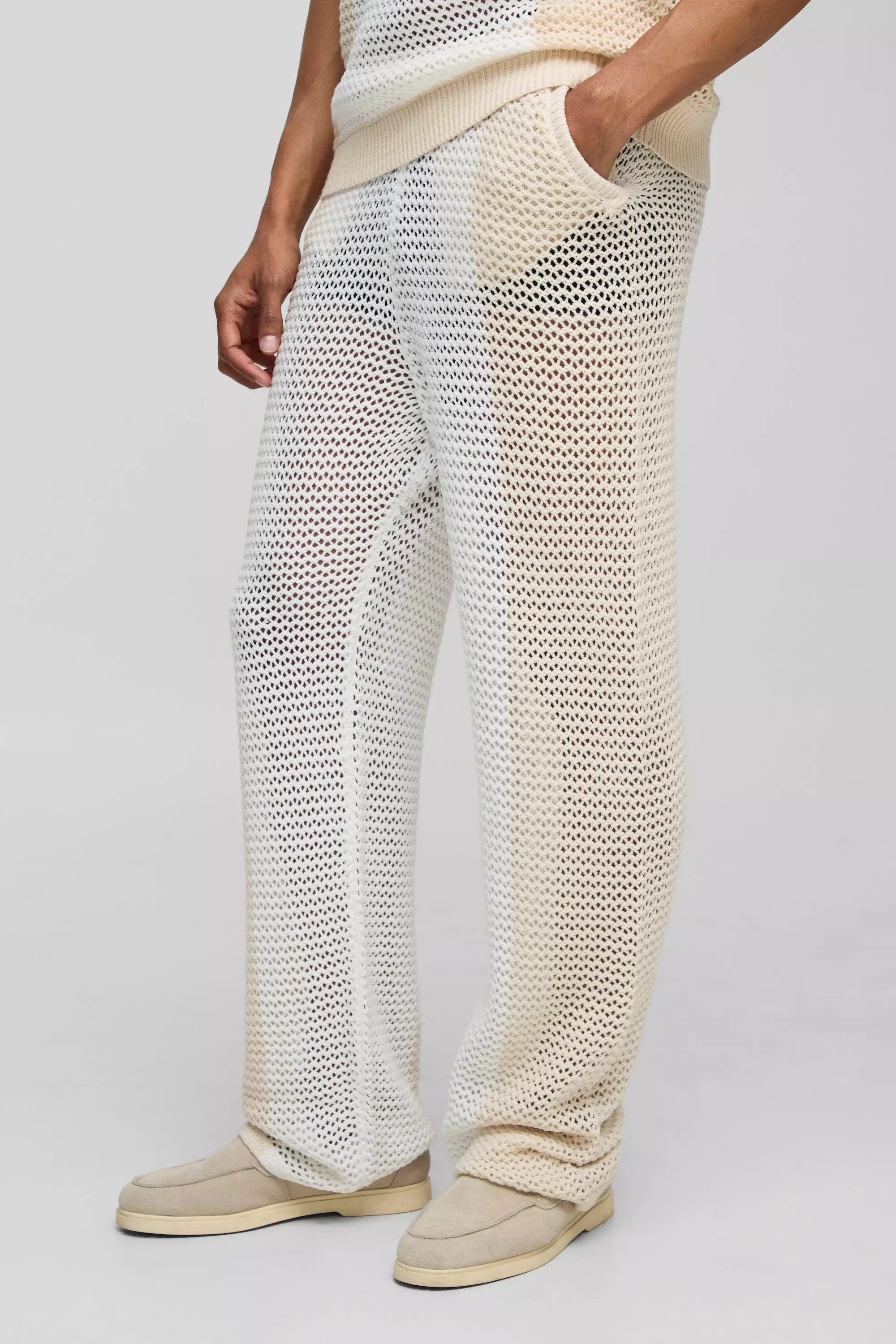 Relaxed Fit Colour Block Open Stitch Knitted Joggers Stone