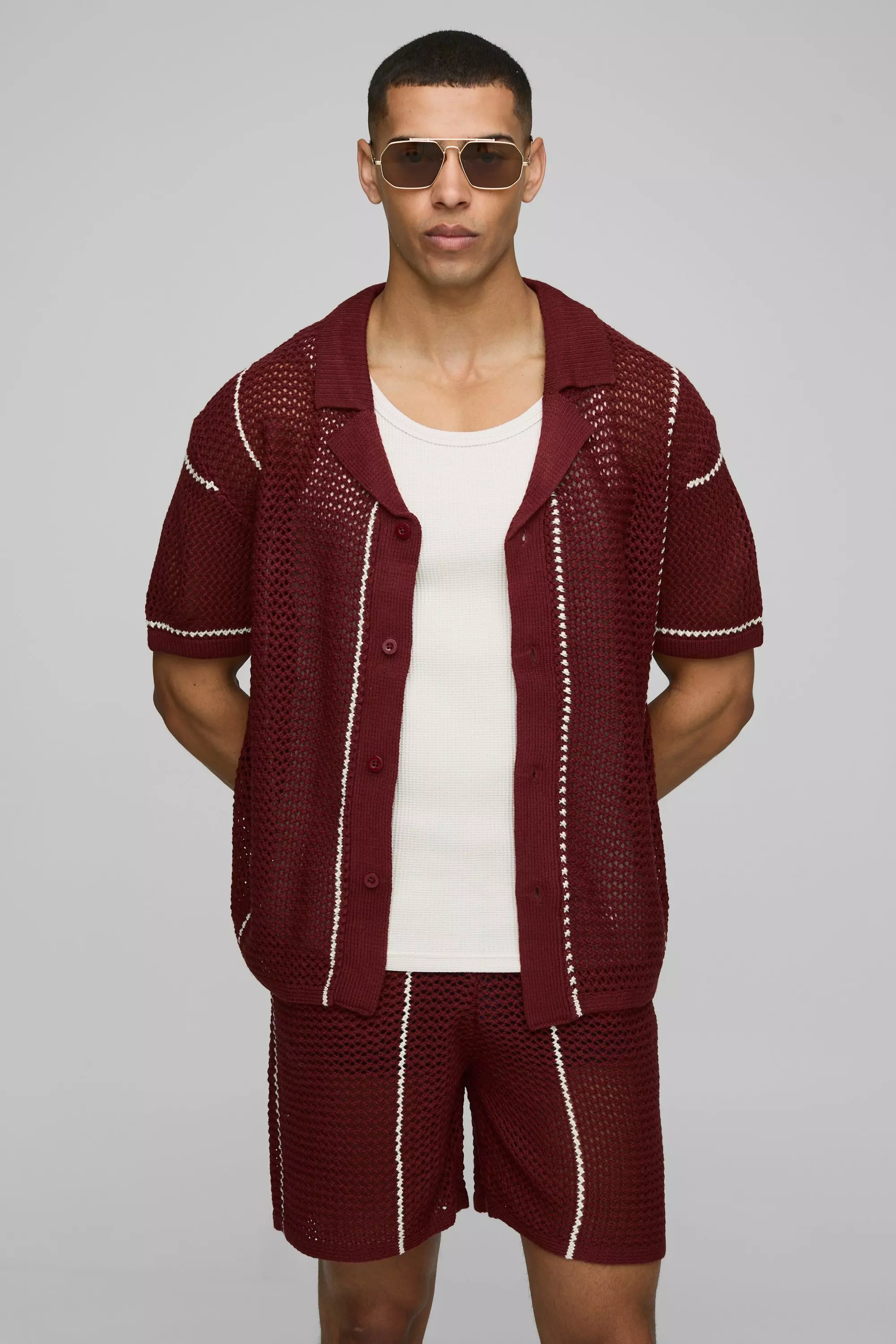 Boxy Revere Collar Open Stitch Stripe Knitted Shorts Set | boohooMAN USA
