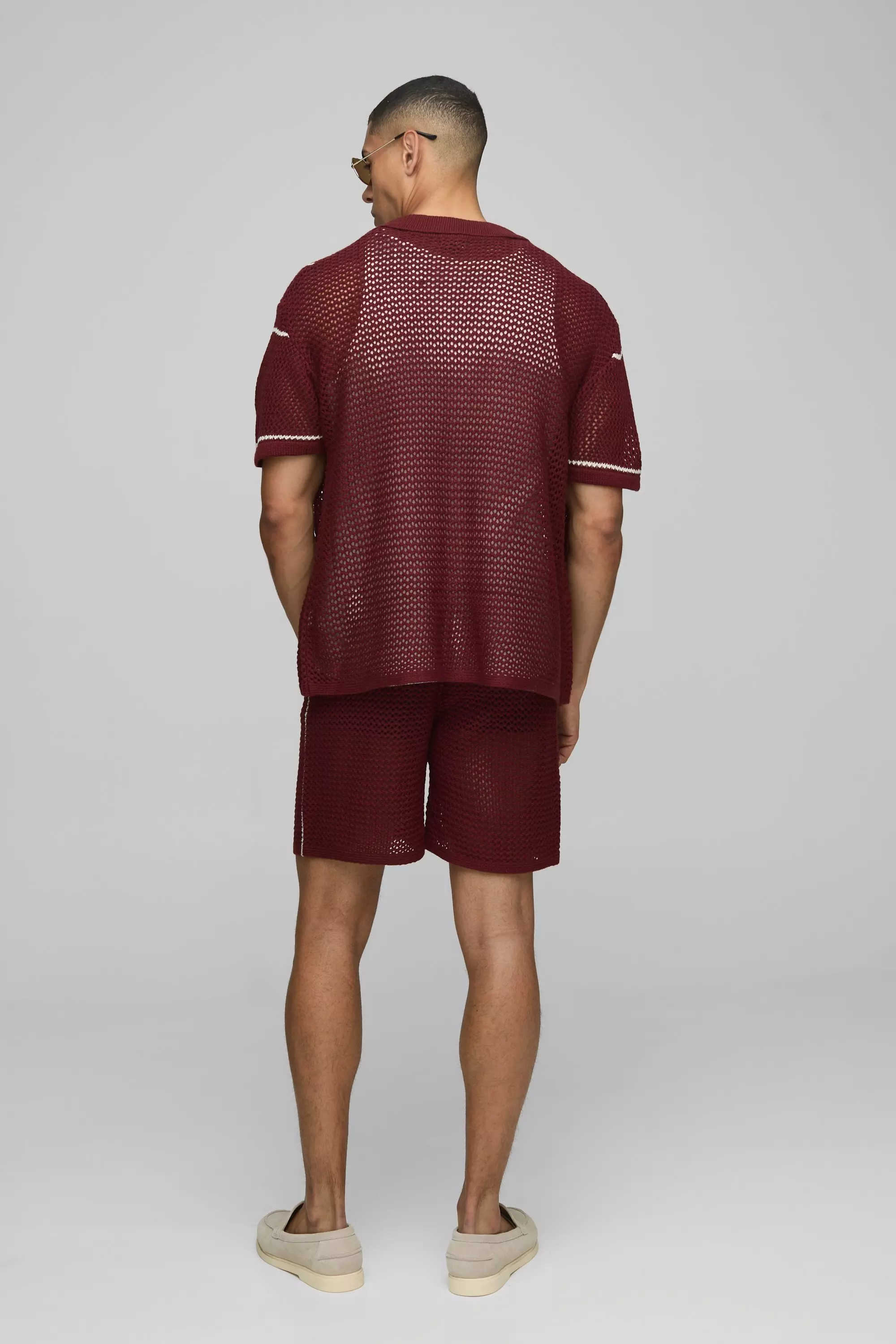 Boxy Revere Collar Open Stitch Stripe Knitted Shorts Set | boohooMAN USA