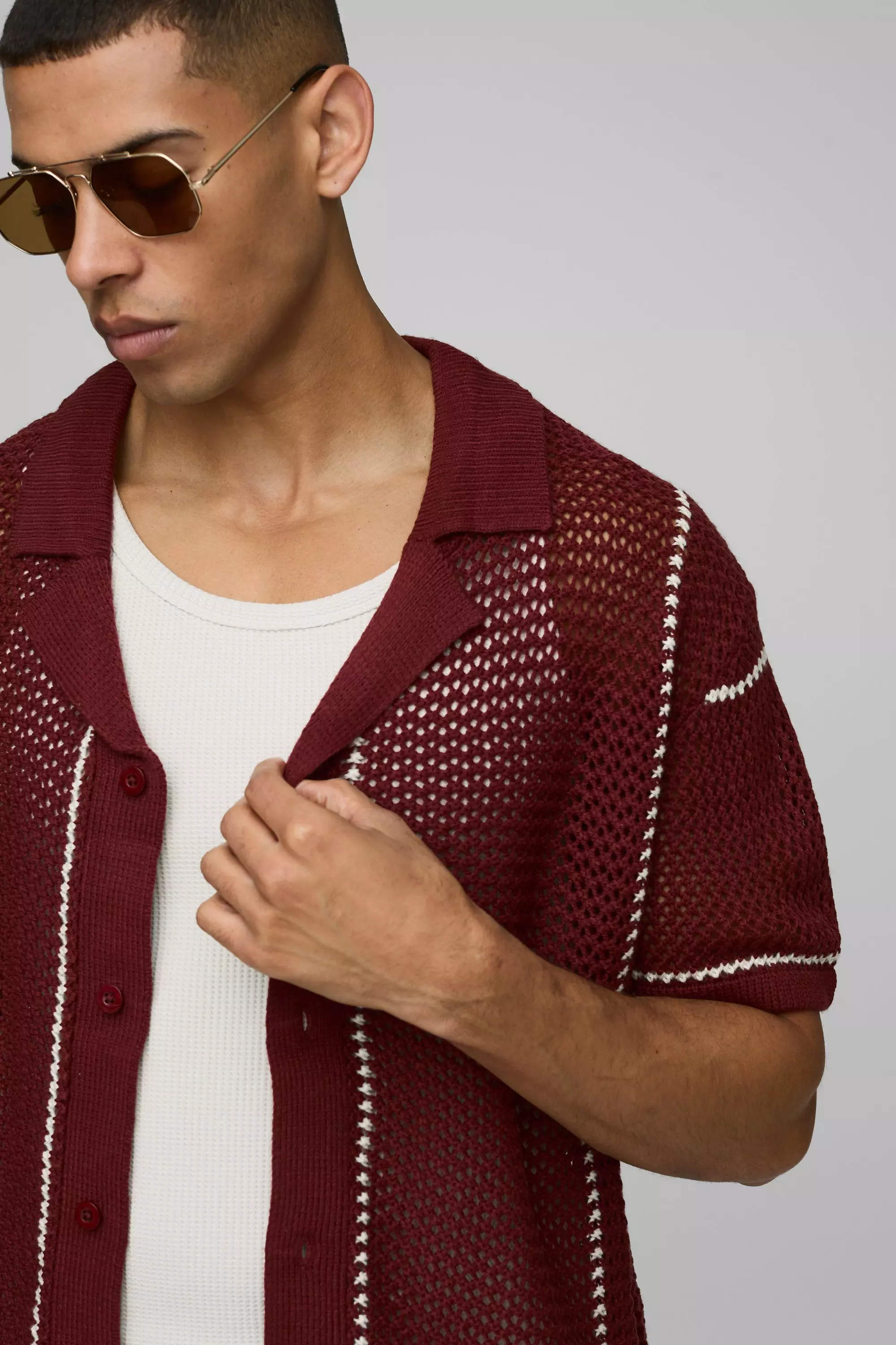 Boxy Revere Collar Open Stitch Stripe Knitted Shorts Set | boohooMAN USA