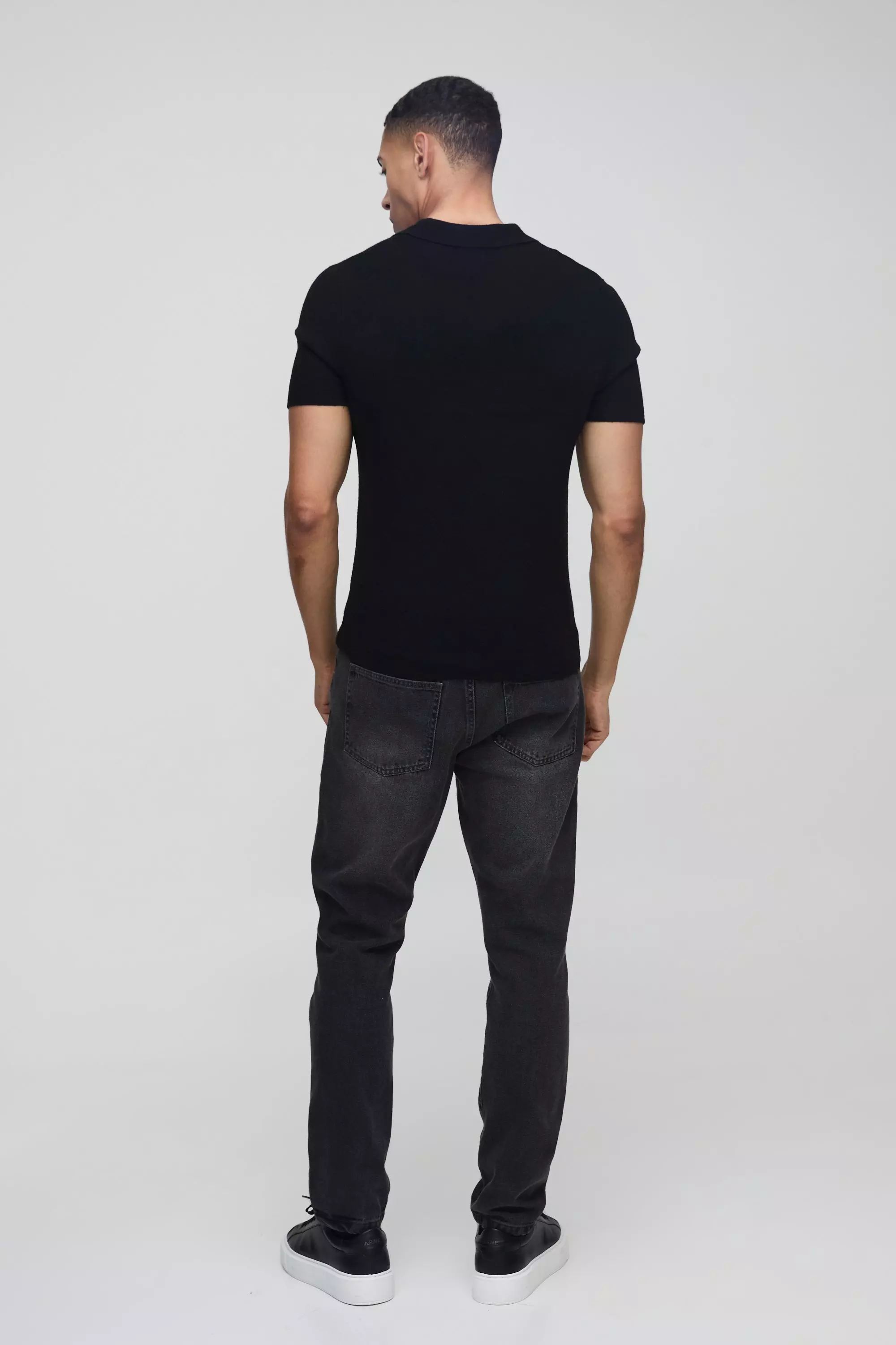 Muscle Fit Revere Collar Knitted Polo | boohooMAN USA