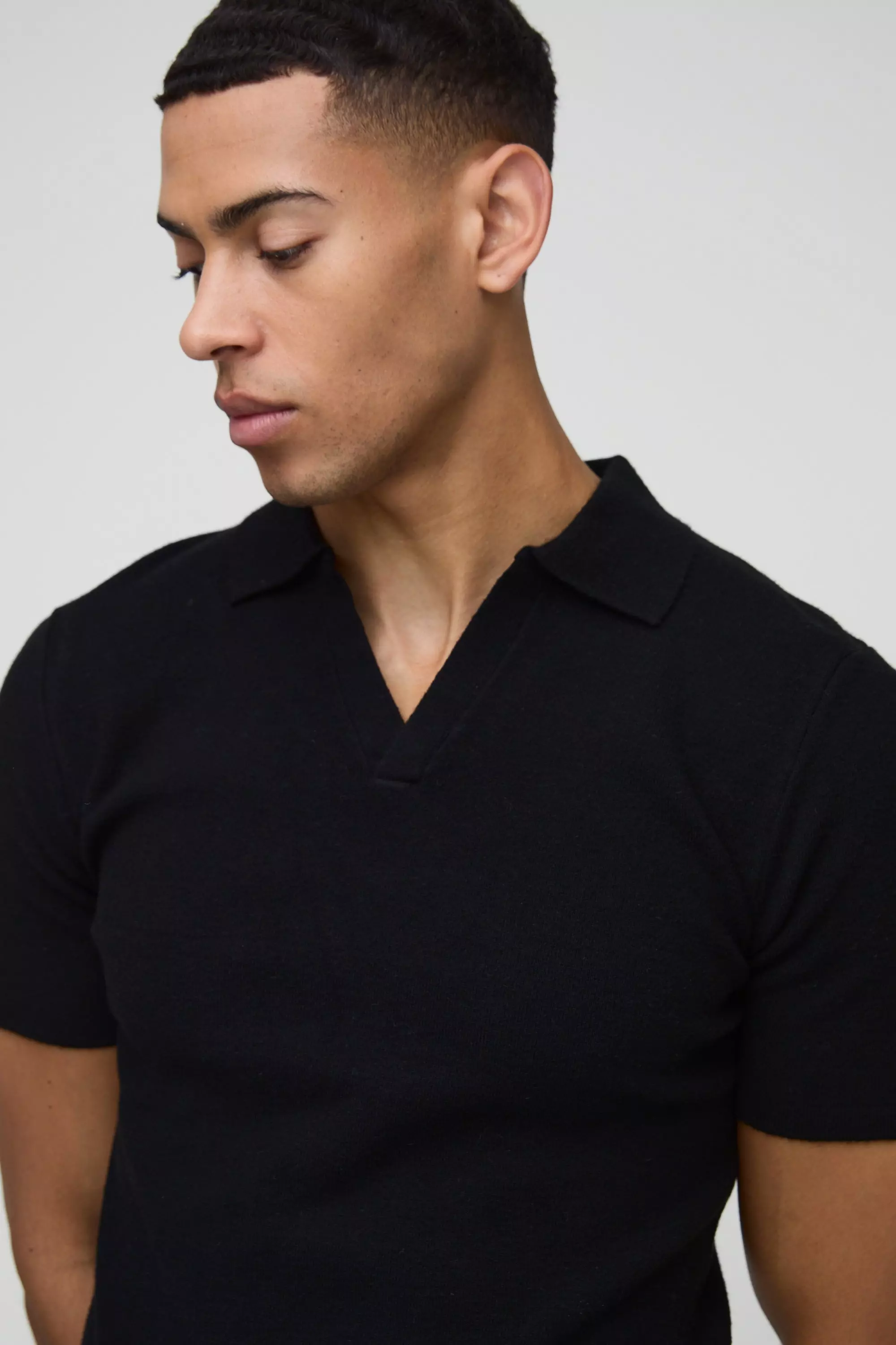 Muscle Fit Revere Collar Knitted Polo | boohooMAN USA