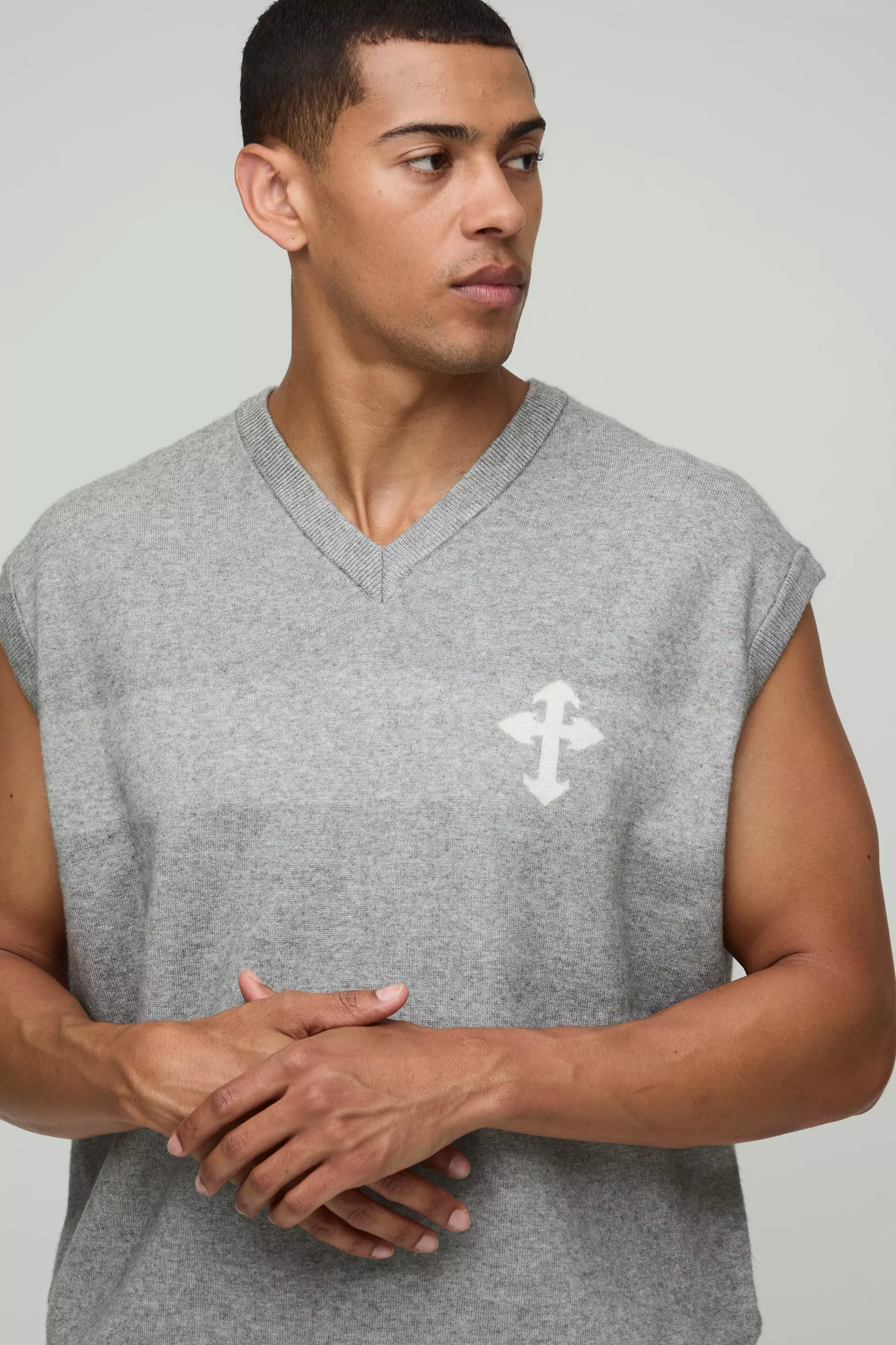 Canotta squadrata oversize in maglia con ricami a croce, Grey immagine alternativa
