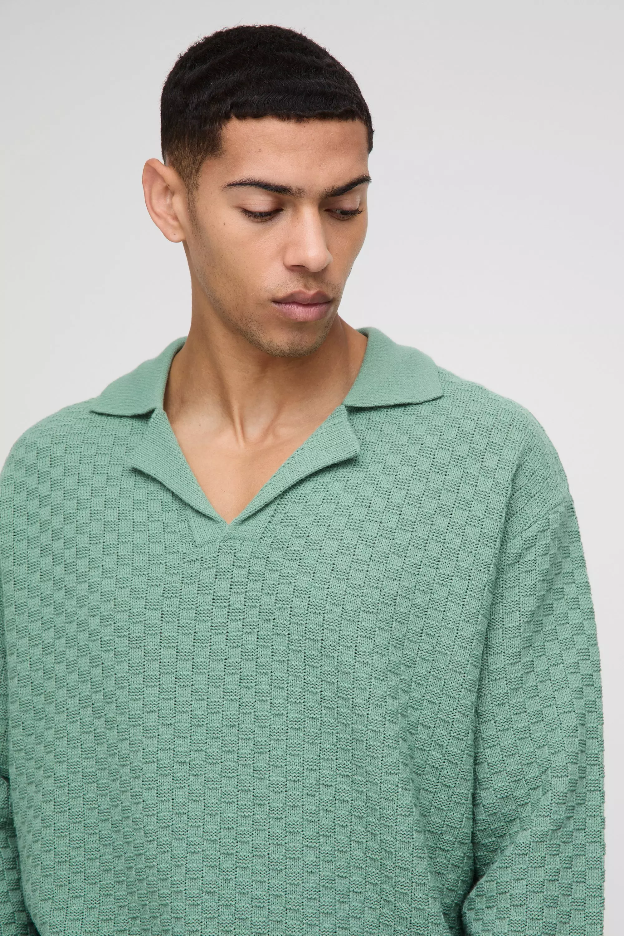 Oversized Boxy Revere Collar Basket Knitted Polo | boohooMAN USA