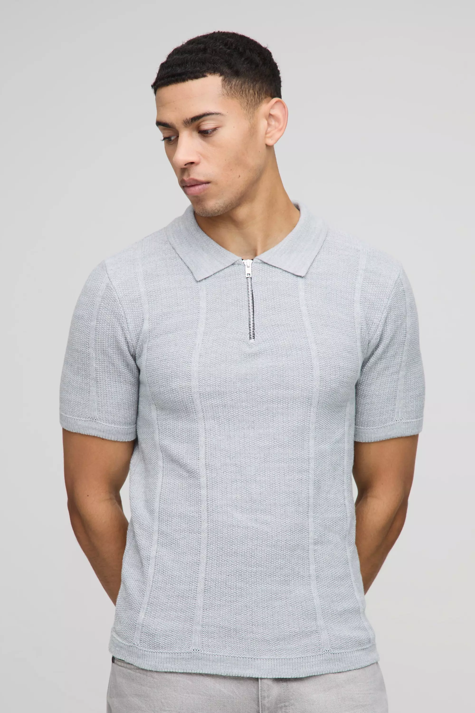 Grey Muscle Fit Zip Neck Ribbed Panelled Knitted Polo alternative image