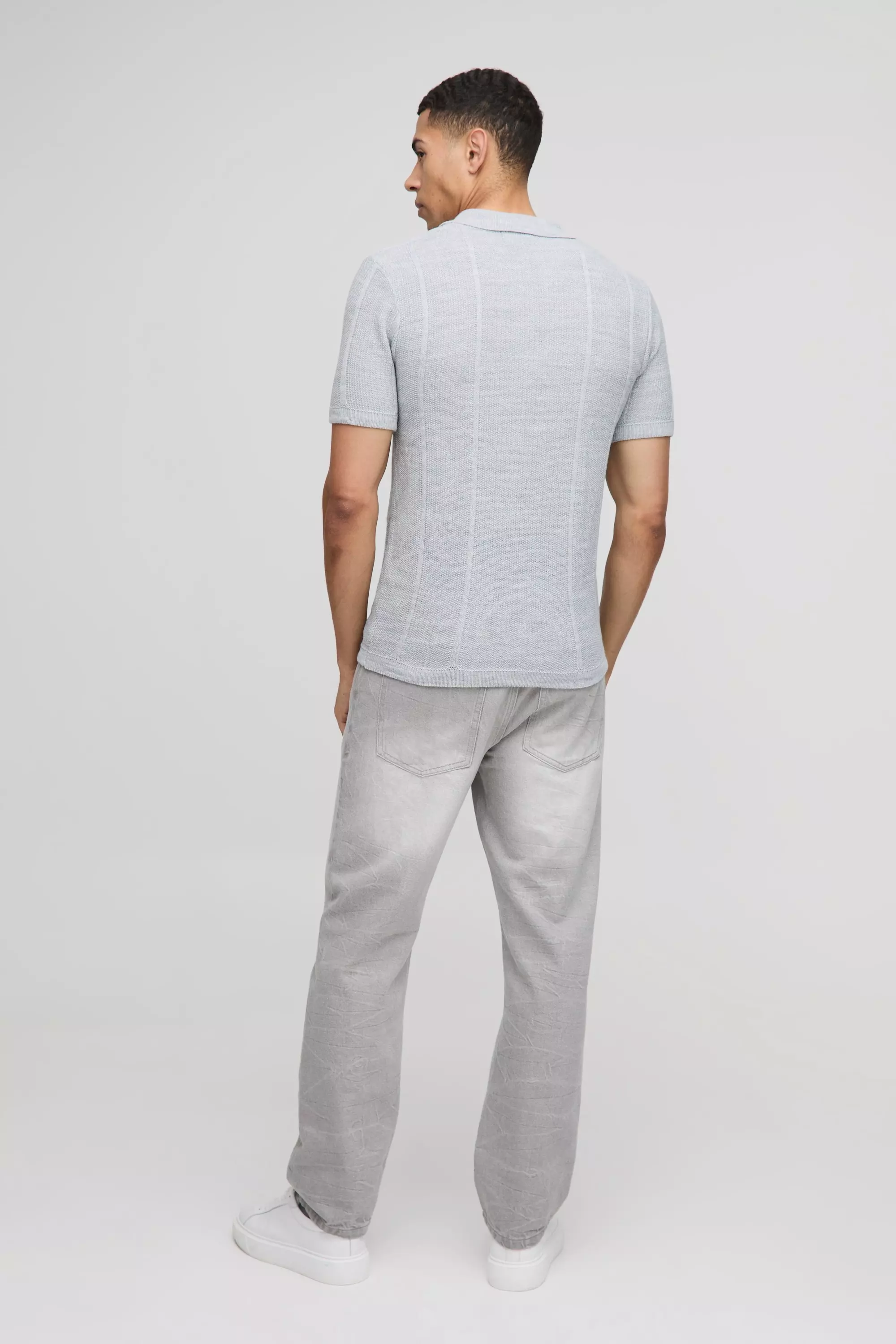Grey Muscle Fit Zip Neck Ribbed Panelled Knitted Polo alternative image