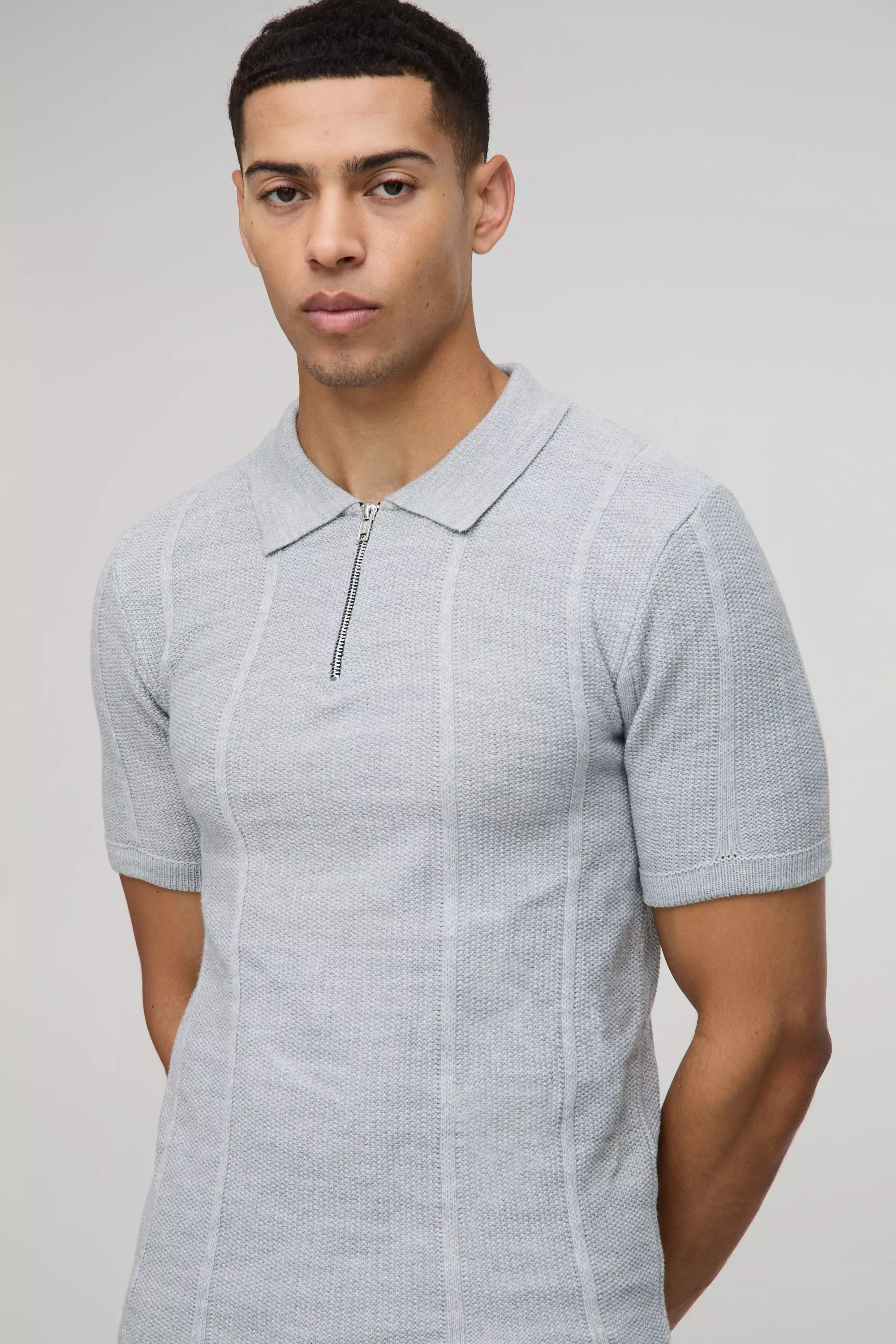 Grey Muscle Fit Zip Neck Ribbed Panelled Knitted Polo alternative image