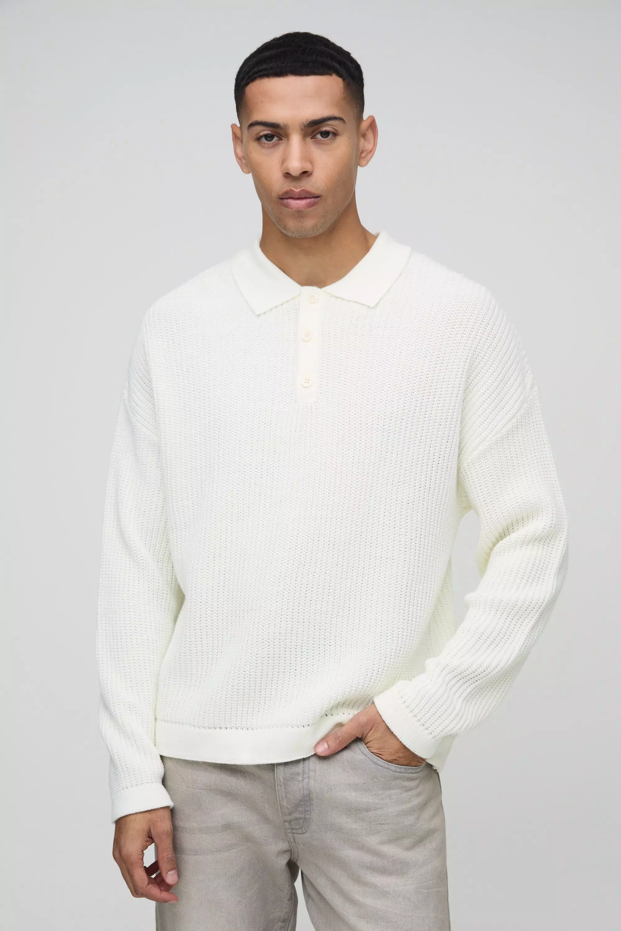 White Oversized Boxy Ribbed Knitted Polo Jumper alternative image