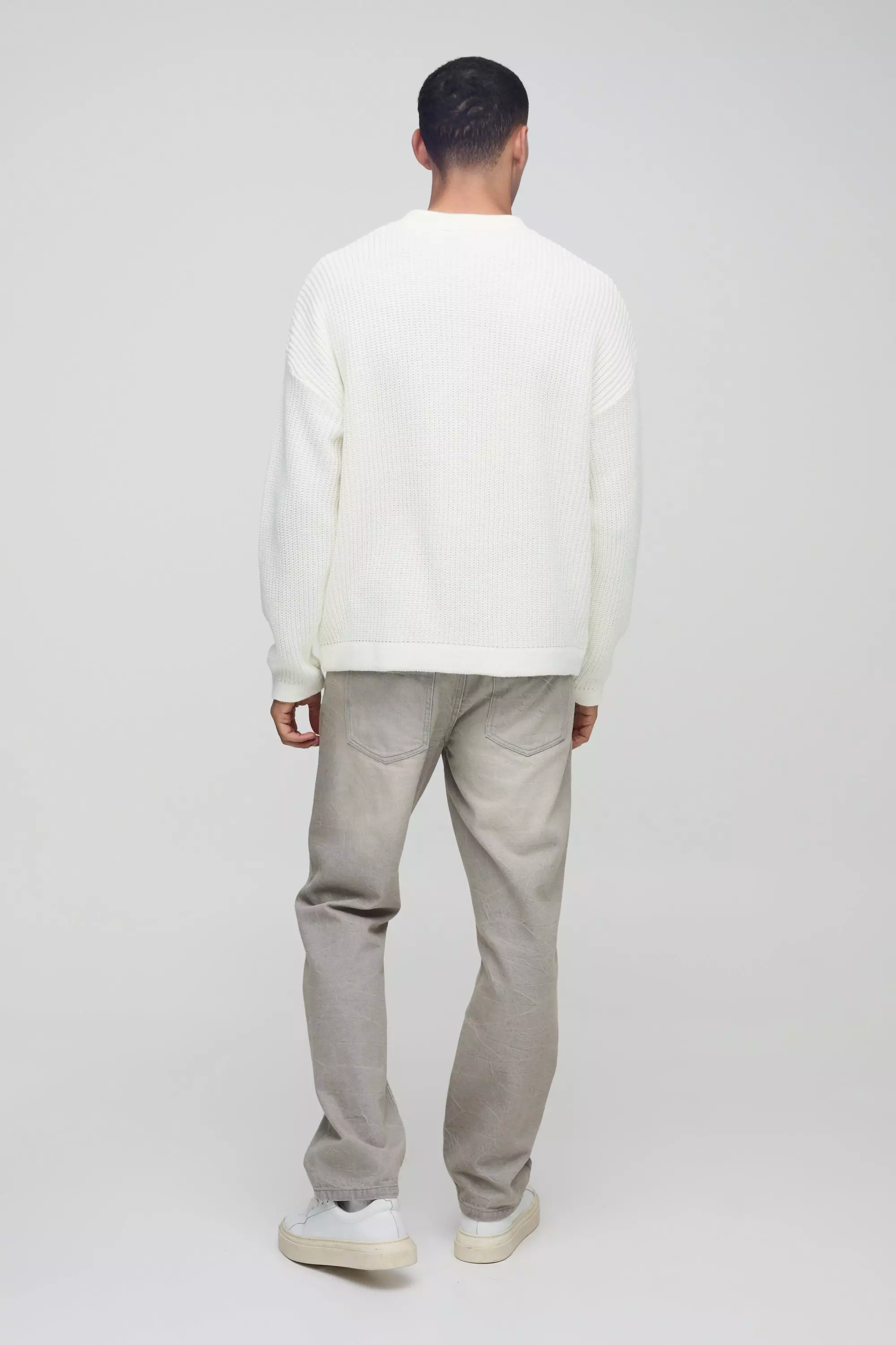White Oversized Boxy Ribbed Knitted Polo Jumper alternative image
