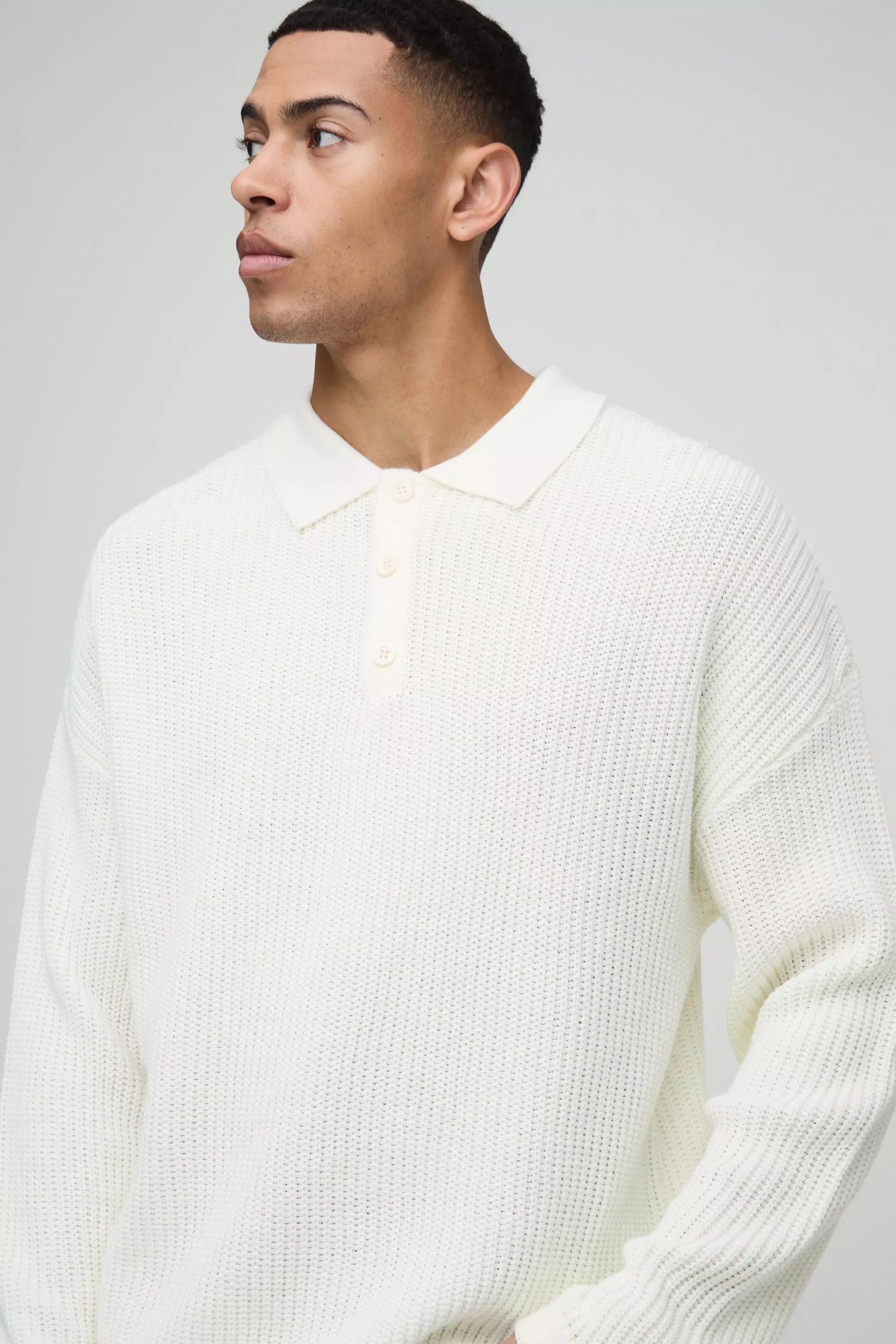 White Oversized Boxy Ribbed Knitted Polo Jumper alternative image