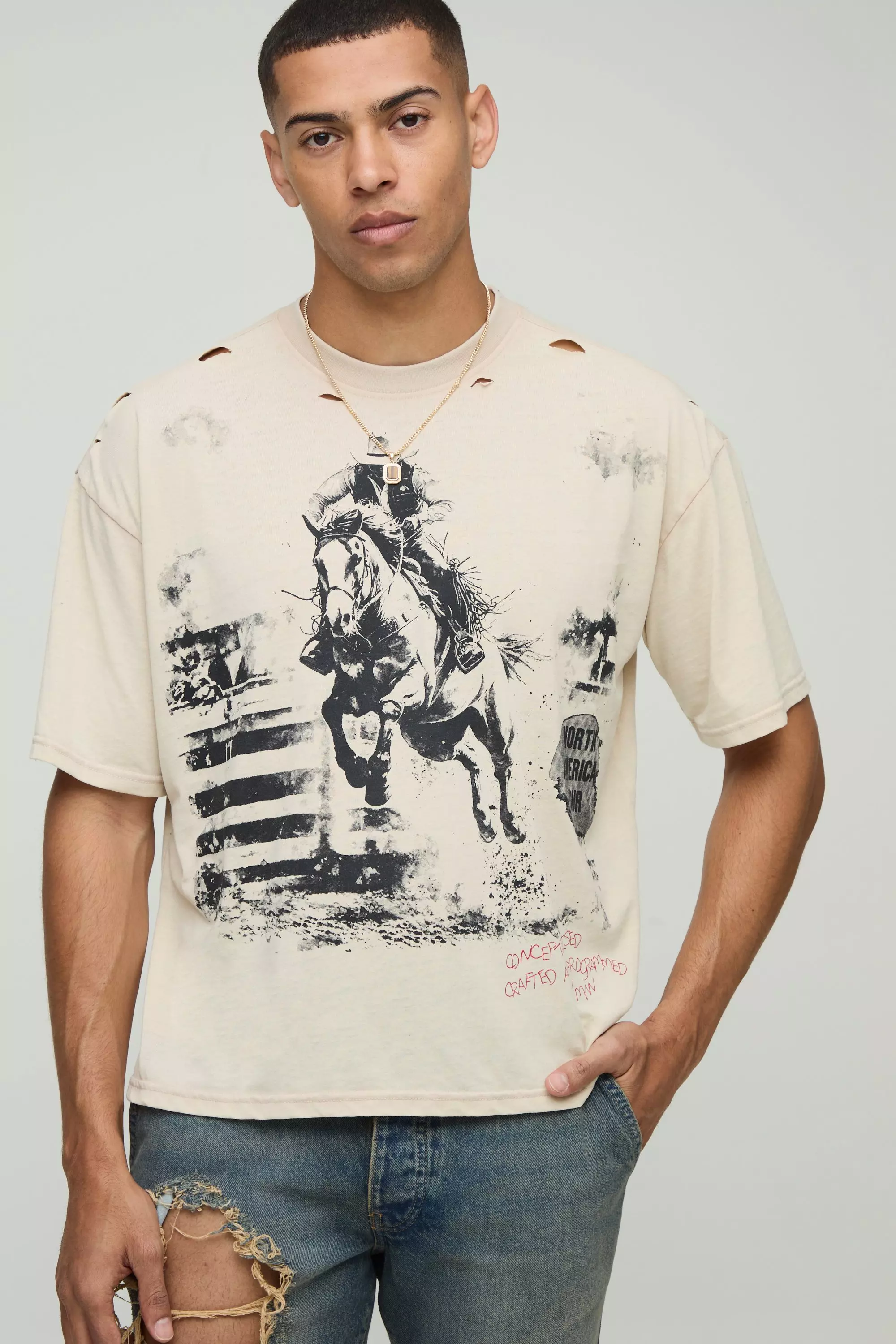 Oversized Boxy Burnout Acid Wash Distressed Western Graphic