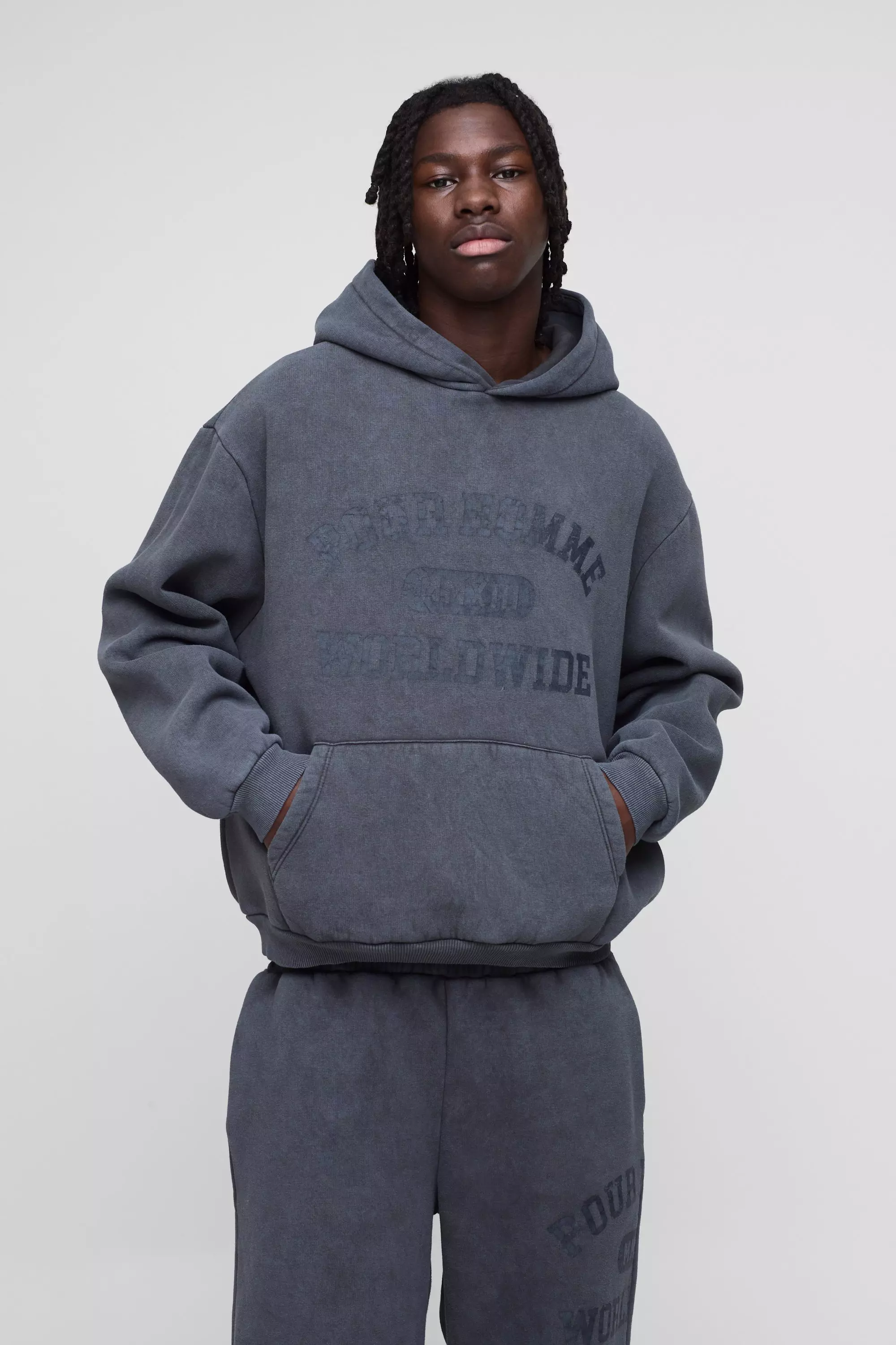 Charcoal Oversized Boxy Homme Washed Hooded Tracksuit alternative image