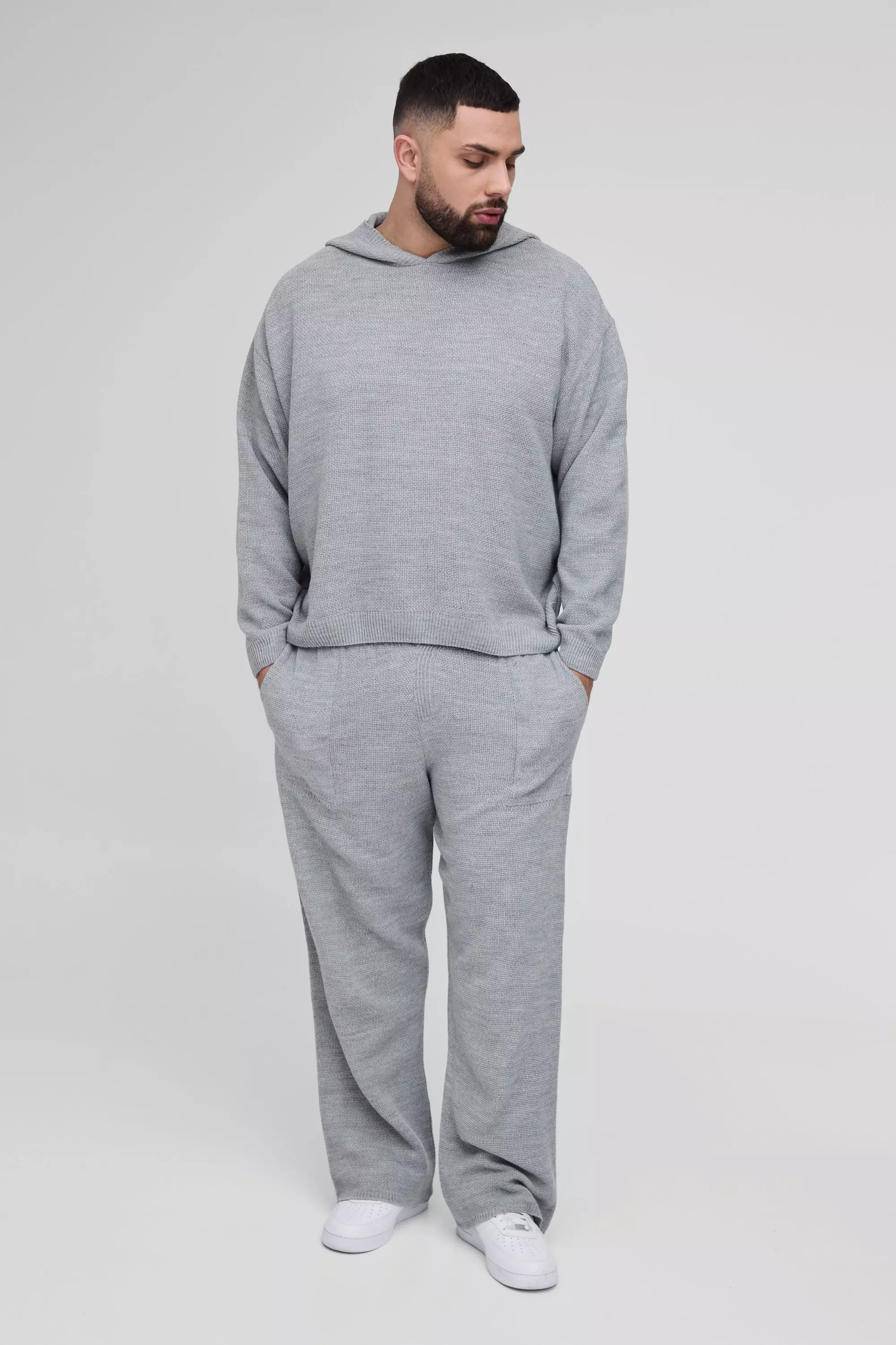 Plus Oversized Stitch Interest Knitted Hooded Tracksuit Grey