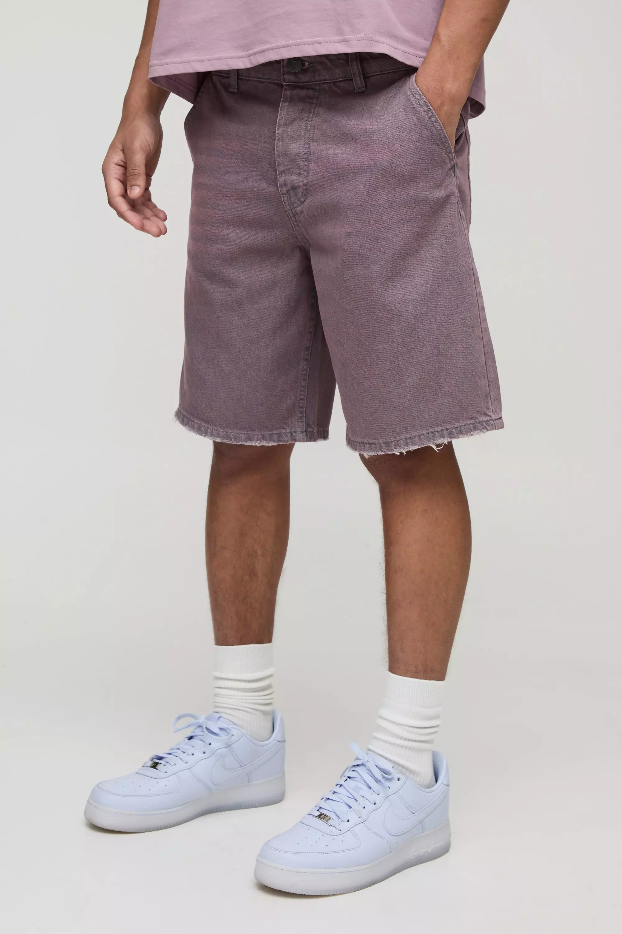 Light pink Relaxed Fit Pink Tint Nibbled Hem Denim Shorts alternative image