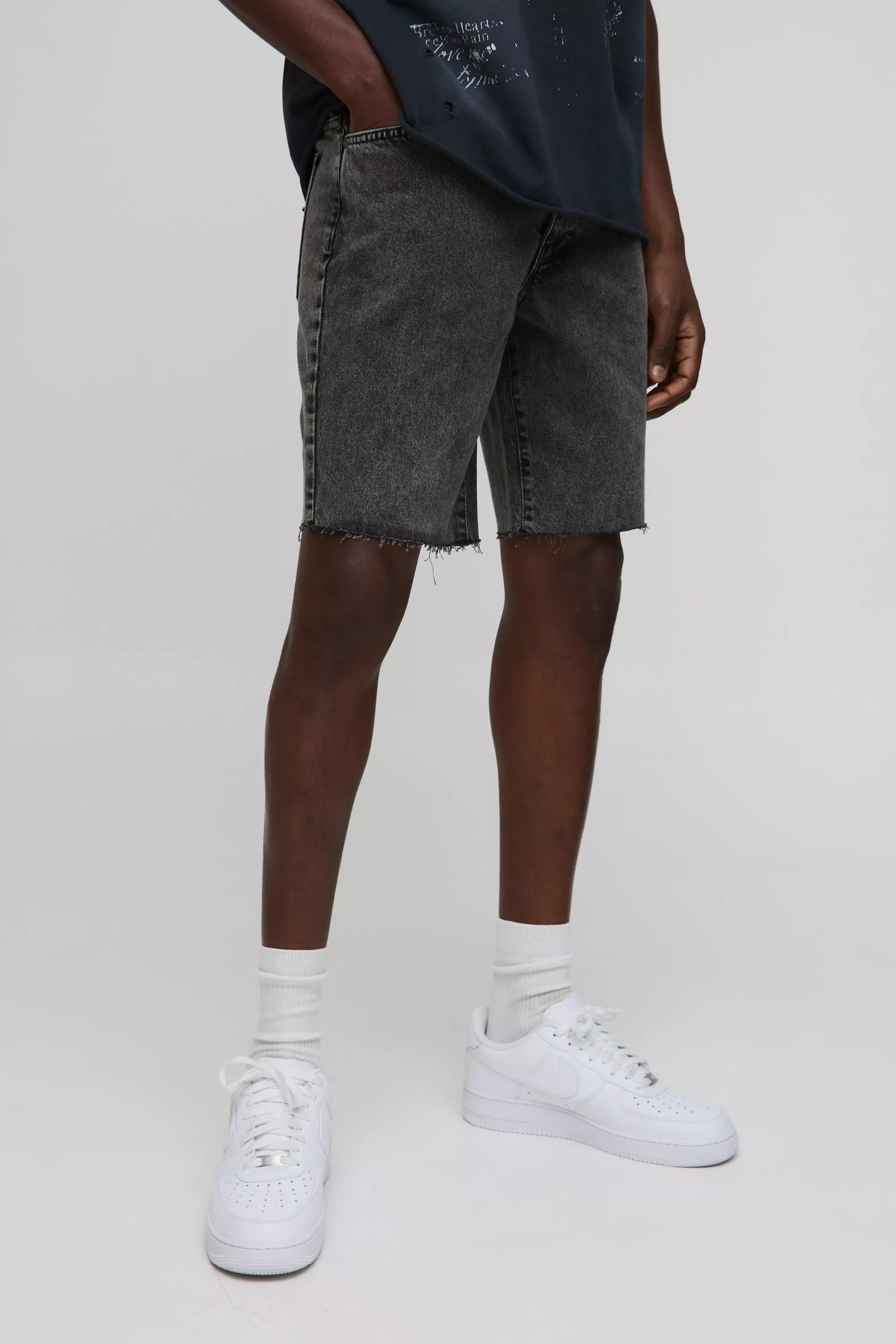 Charcoal Straight Fit Washed Raw Hem Denim Shorts alternative image
