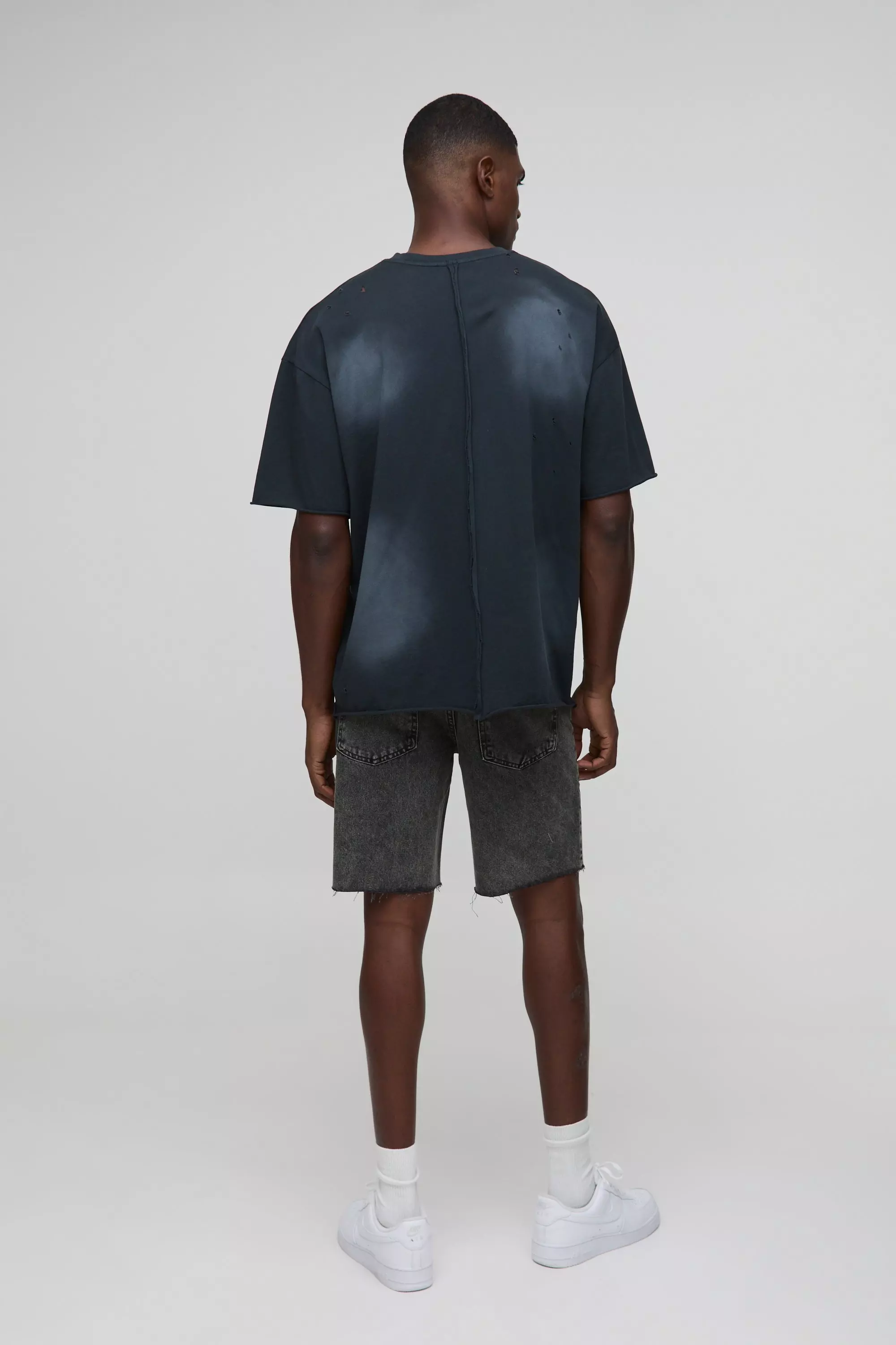 Charcoal Straight Fit Washed Raw Hem Denim Shorts alternative image