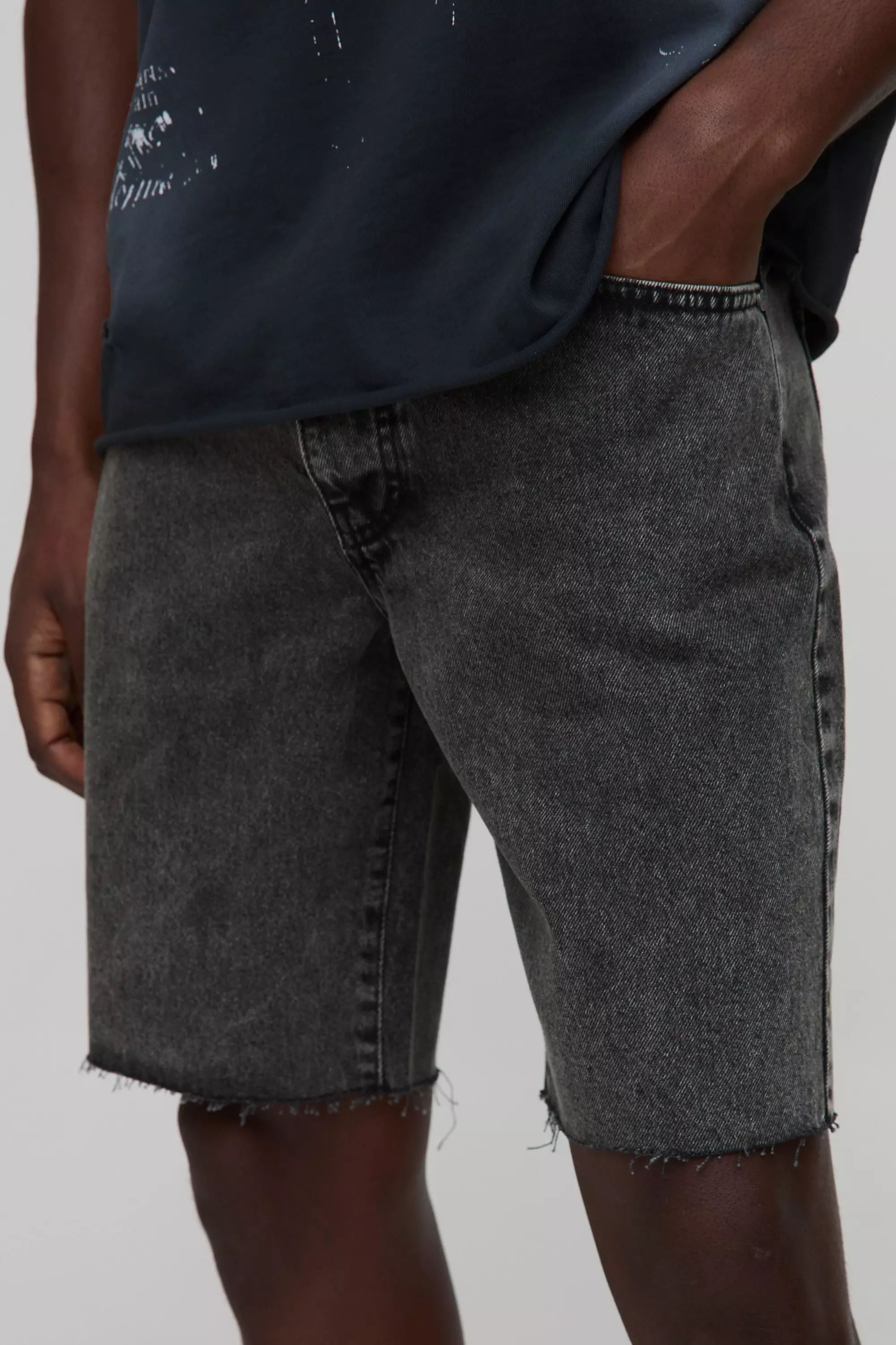 Charcoal Straight Fit Washed Raw Hem Denim Shorts alternative image