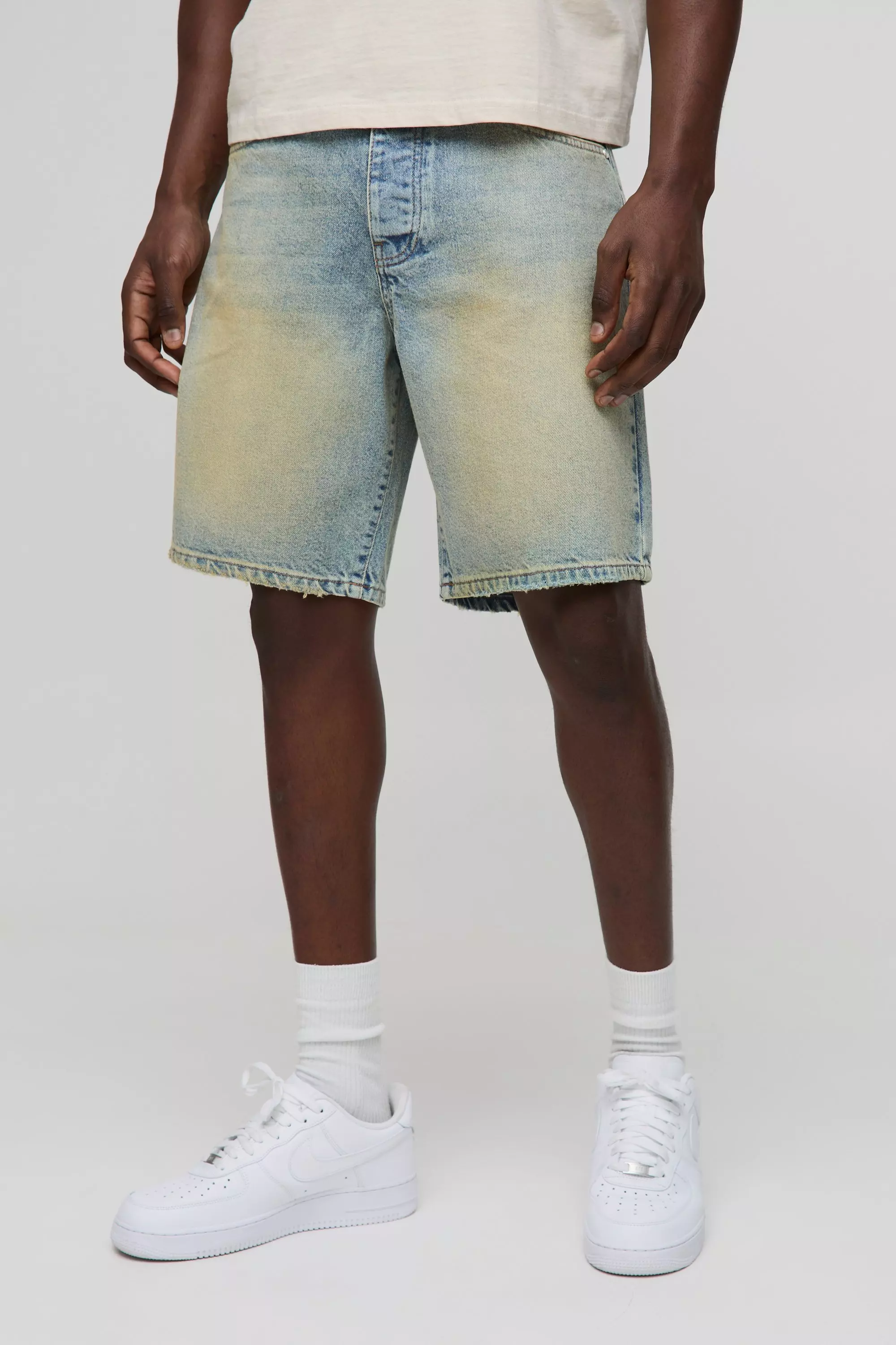Stone Beige Relaxed Fit Extreme Washed Raw Hem Denim Shorts